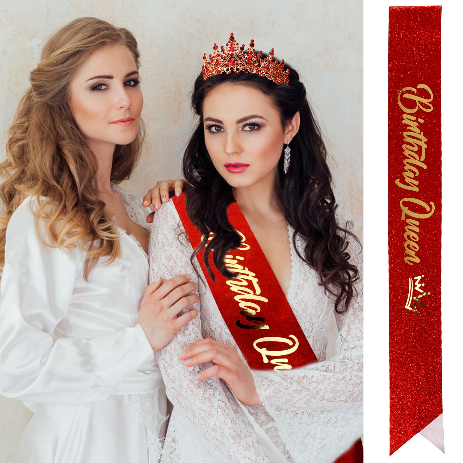 VELSCRUN Birthday Queen Tiara Crowns for Women Girls Red Crystal Birthday Queen Headband Sash Elegant Princess Crown Happy Birth Party Decorations Mom Sisters Birth Gift Hair Accessories