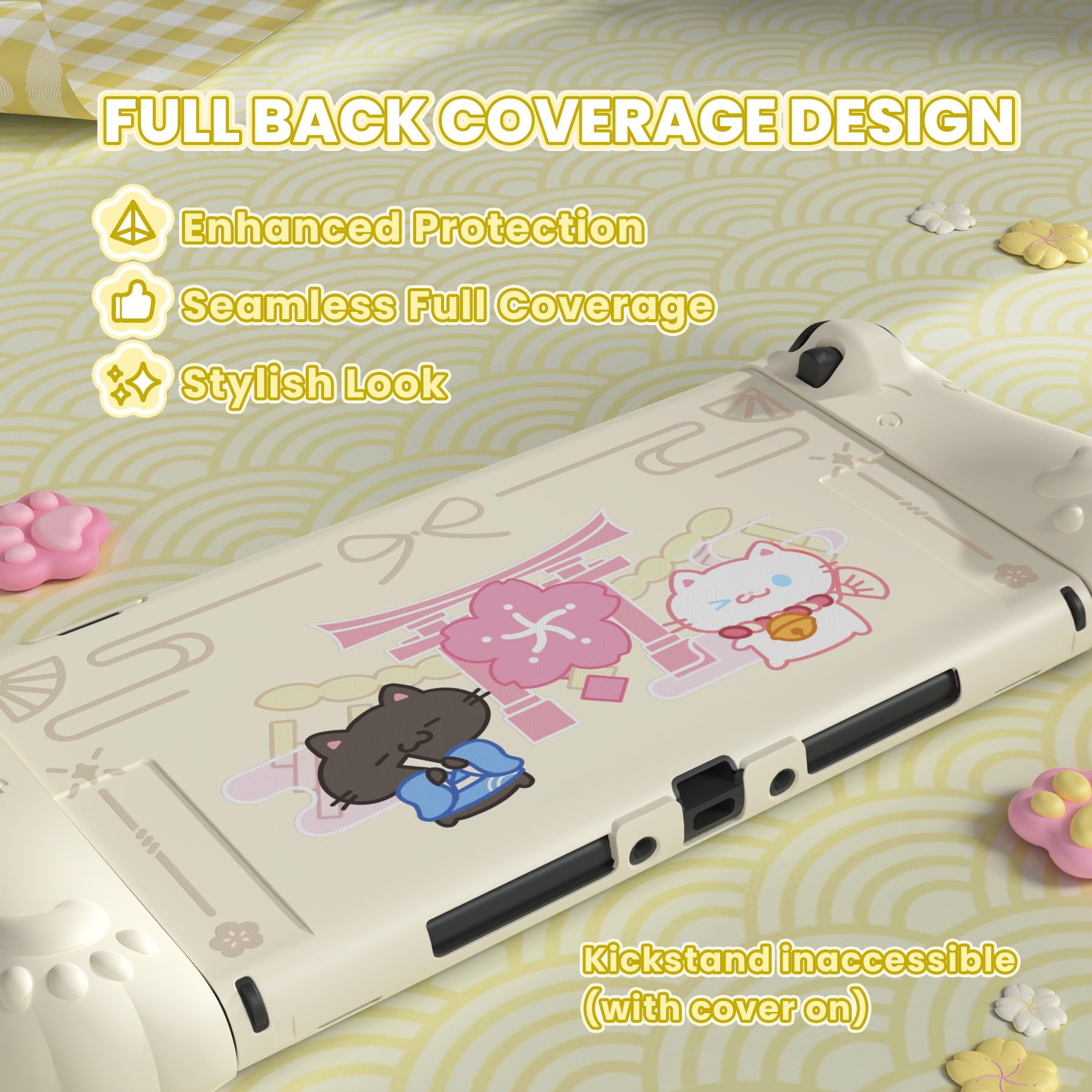 PlayVital Cherry Blossoms Kitten Protective Case for Nintendo Switch 2 with Stand | Cute Cat Ear & Paw Silicone Grips, Dockable Hard Shell, 2 Joystick Caps, Full-Body Protection Cover - Antique Yellow - 4