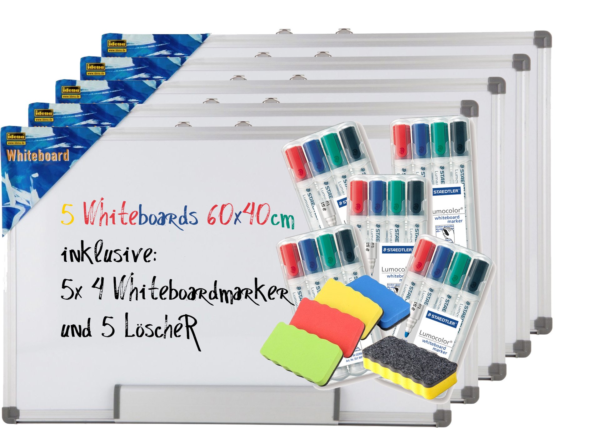 Idena 568019 Whiteboard, Alu-Rahmen, ca. 40 x 60 cm, mit Stiftablage / Spar-Set (5 x Whiteboard + 5 x Marker + 5 x Schwamm)