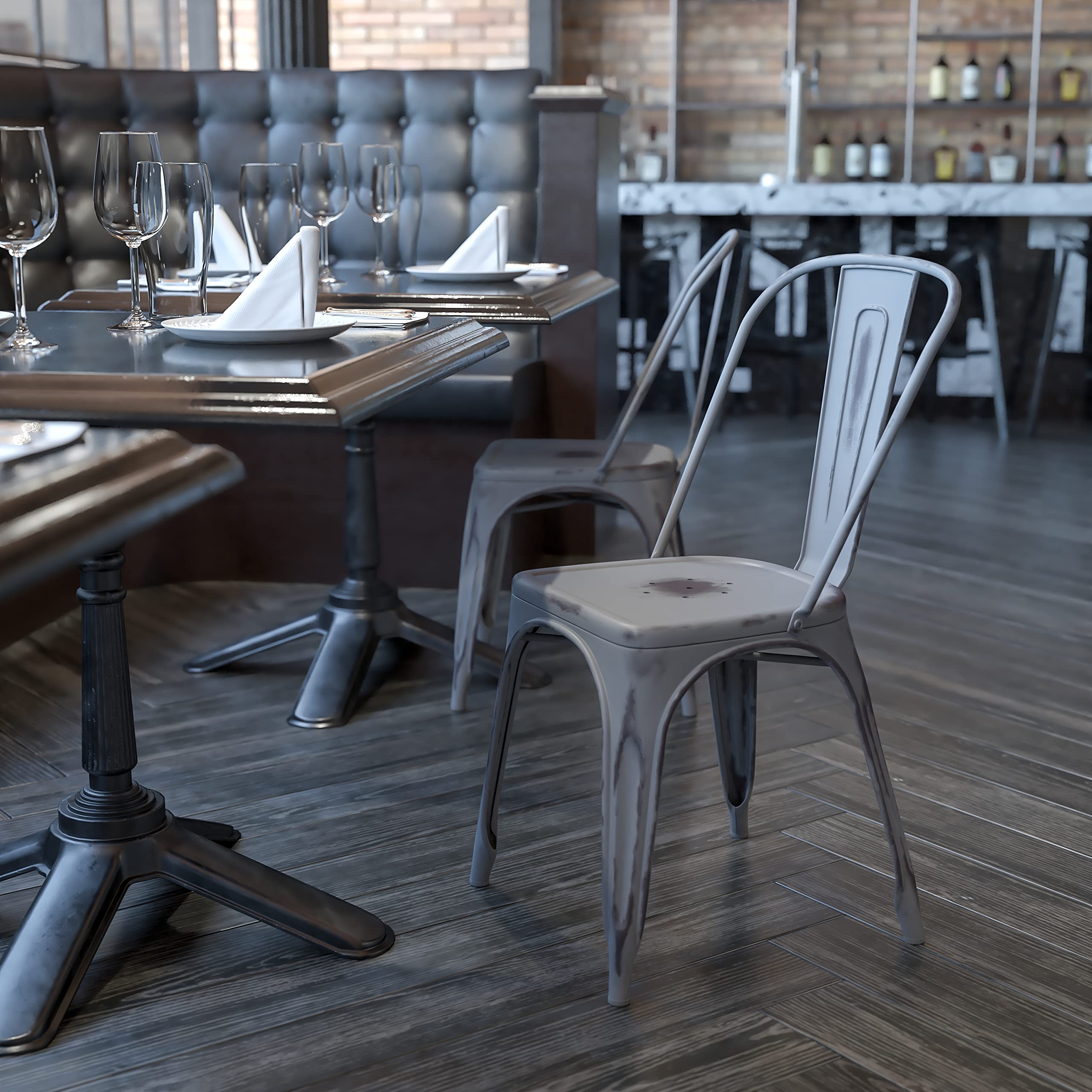 EMMA + OLIVER Commercial Distressed Silver Gray Metal Indoor-Outdoor Stackable Dining Chair
