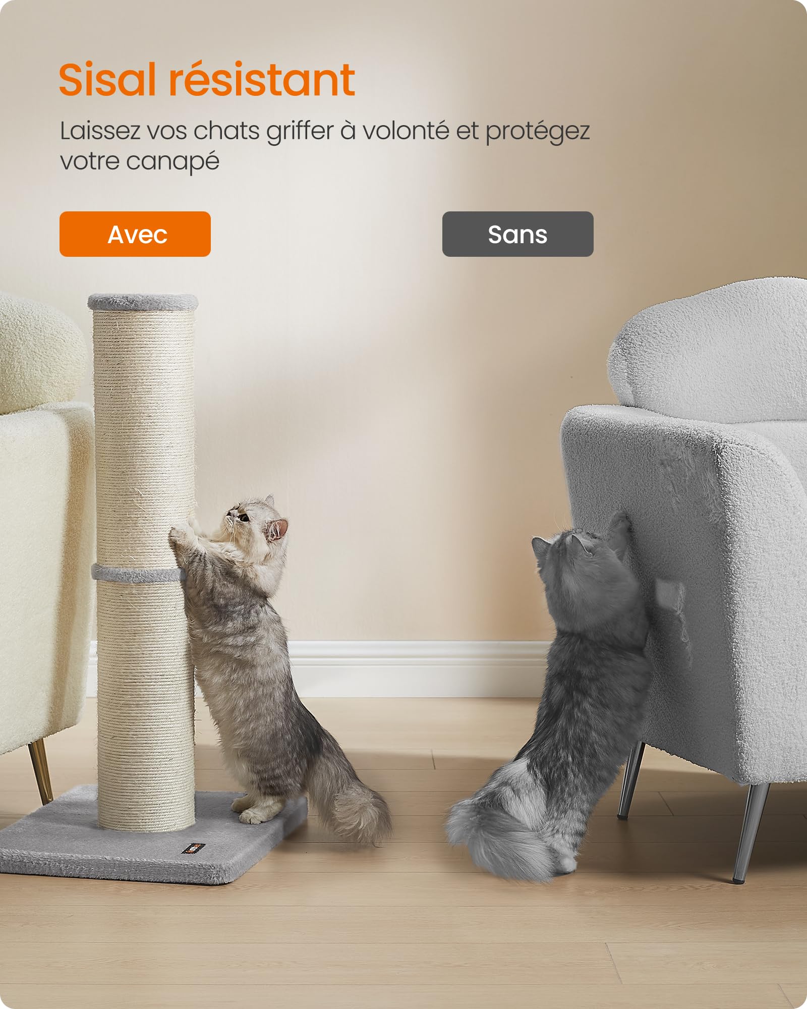 Feandrea Arbre à Chat XXL, 85 cm de Haut, Tronc de 17 cm d'Épaisseur, Poteau à Griffer Adapté aux Grands Chats comme Le Maine Coon, en Sisal, avec Balle, Clochette, Gris Tourterelle PCA042G01