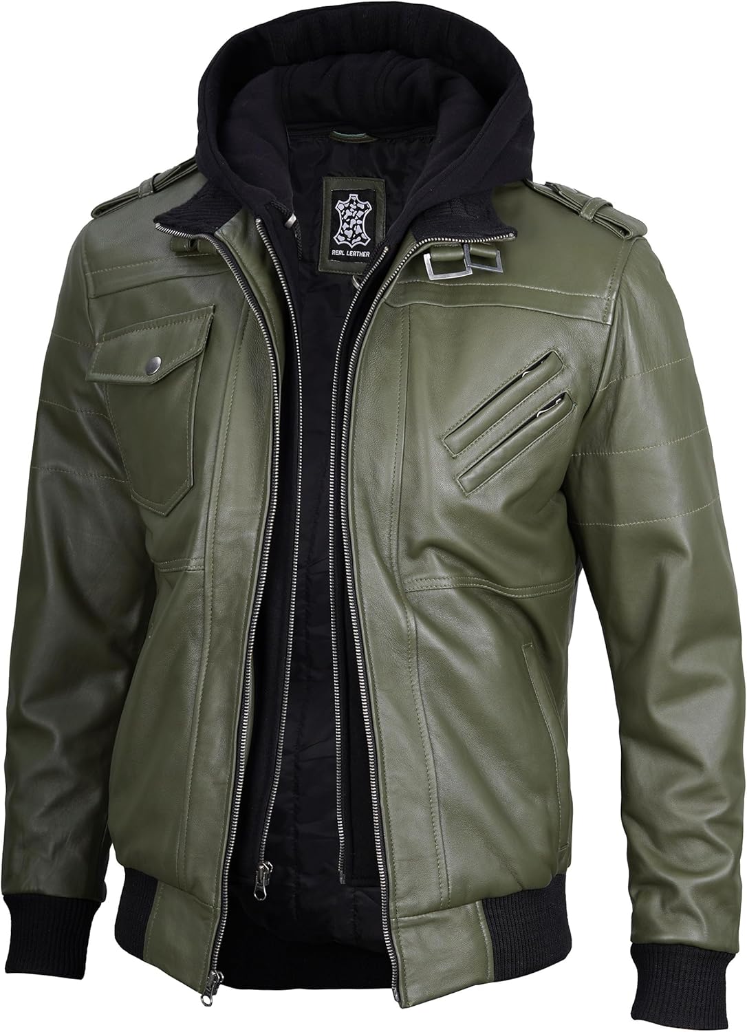 Decrum Mens Leather Jacket - Detachable Hood Stylish Real Lambskin Leather Bomber Jacket Men