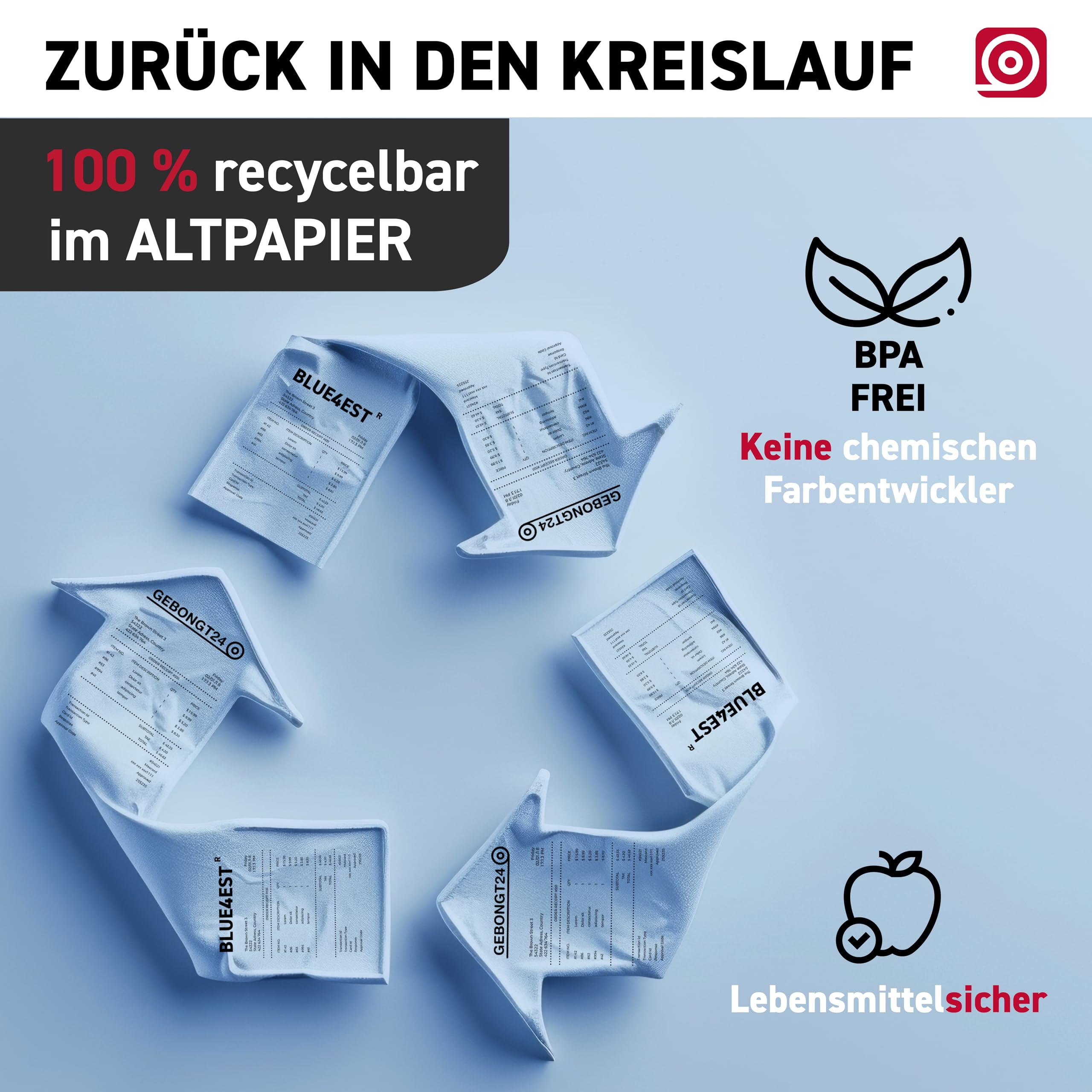 Blue4est® Öko Thermorolle 80 mm x 80 m x 12 mm - umweltfreundliches Thermopapier 52g/m² - 40 Kassenrollen mit ca. 80 mm Rollendurchmesser – Ökobon für EC-Cash und Kassenbondrucker