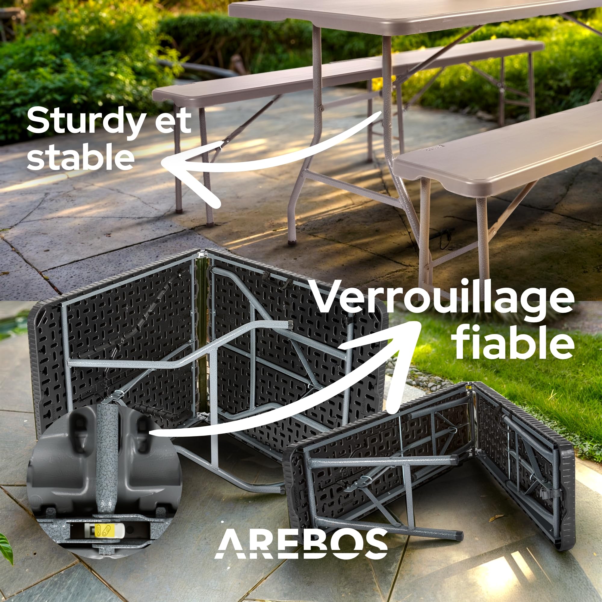 AREBOS Set de Tente à Bière 3 Pièces | Table + 2 Bancs Pliables avec Poignée | pour Intérieur et Extérieur | Table de Camping & Jardin | Couleur Anthracite