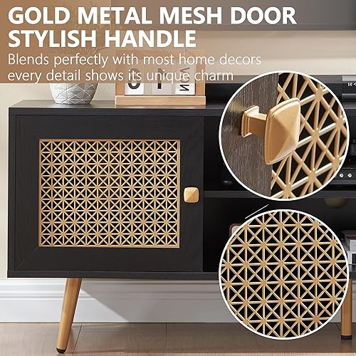 Miniatura 7 de JYED DECOR Soporte de TV de madera de mediados de siglo con estantería abierta y 2 gabinetes para televisores de hasta 65 pulgadas (nogal oscuro)