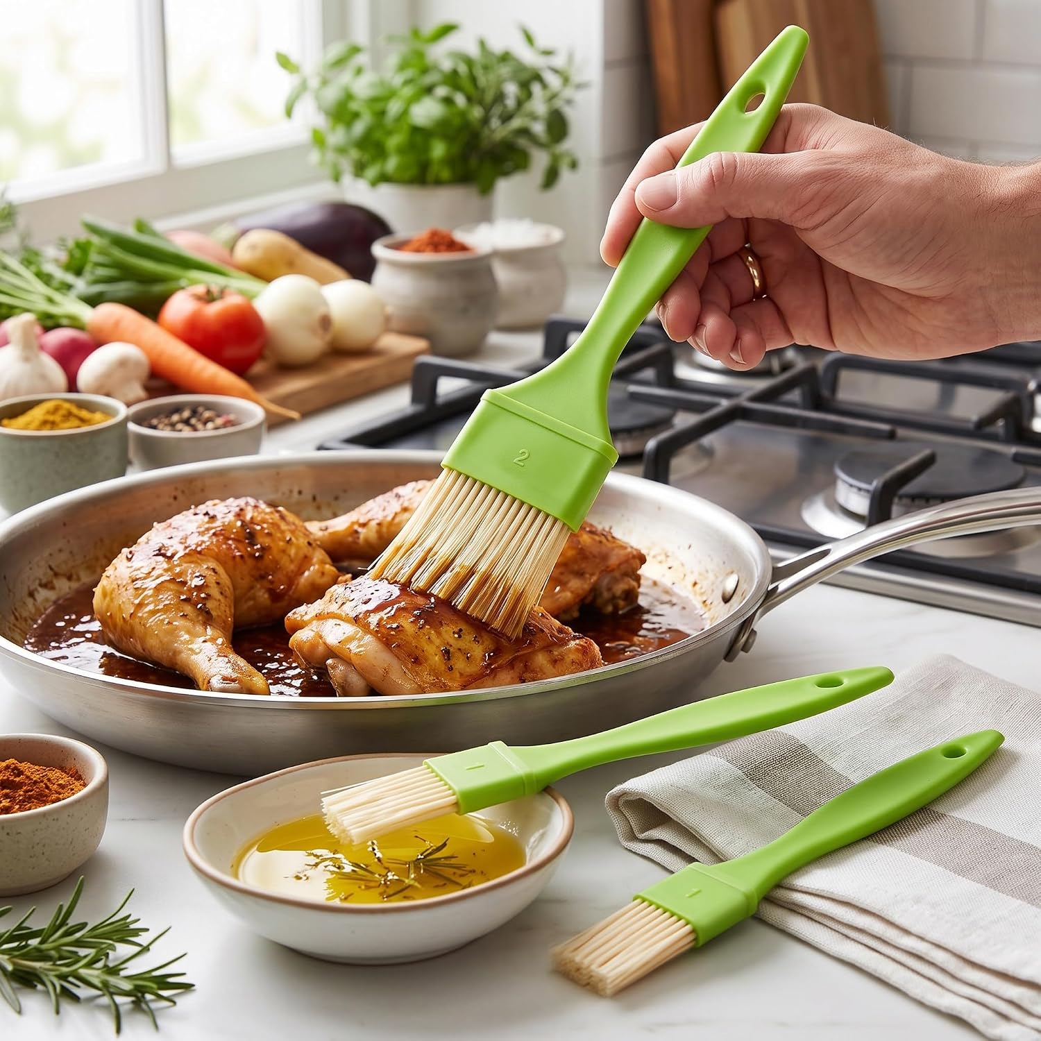 3 Pcs Pastry Brush, 1″ and 2 ″ Basting Brush for Cooking Baking BBQ