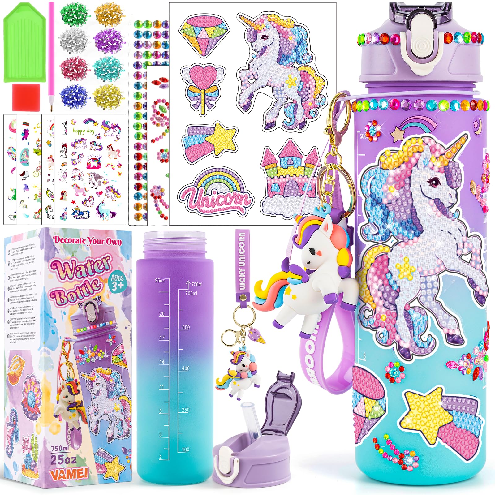 Einhorn DIY Bastelset Für Mädchen – Persönliche Trinkflasche Mit Diamant-Stickern, 600 Ml, Ab 5 Jahren