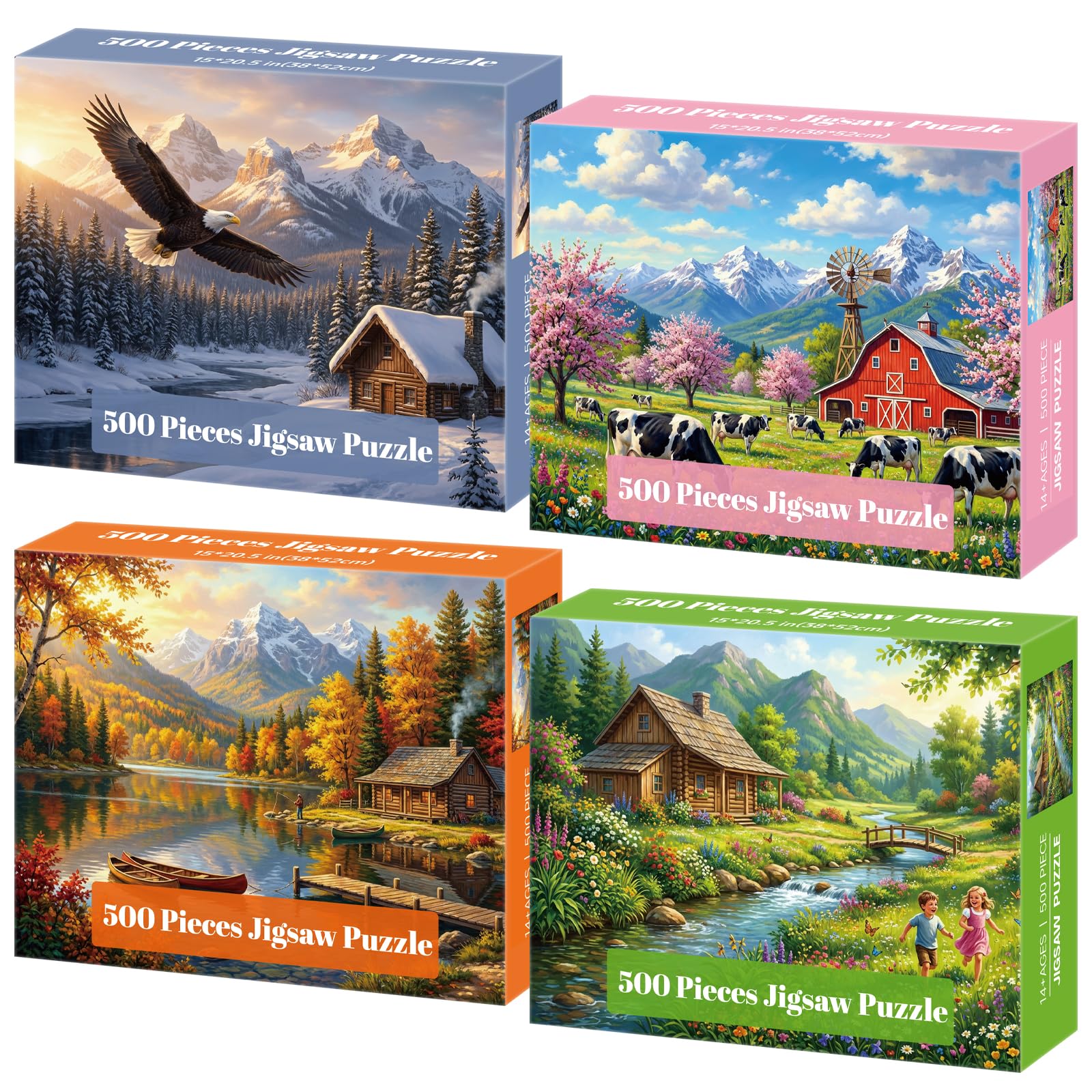 4-Pack 500 Piece Puzzles for Adults, Four Seasons Scenery Jigsaw Puzzles for Adults 500 Pieces, Fun Challenging Jigsaw Puzzles 500 Pieces for Adults Family Game Gift for Home Decor Wall Art