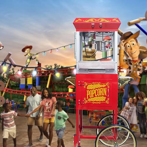Miniatura 7 de Máquina clásica de palomitas de maíz con carrito vintage, máquina de palomitas de maíz de acero inoxidable de 6 onzas, armario de almacenamiento y