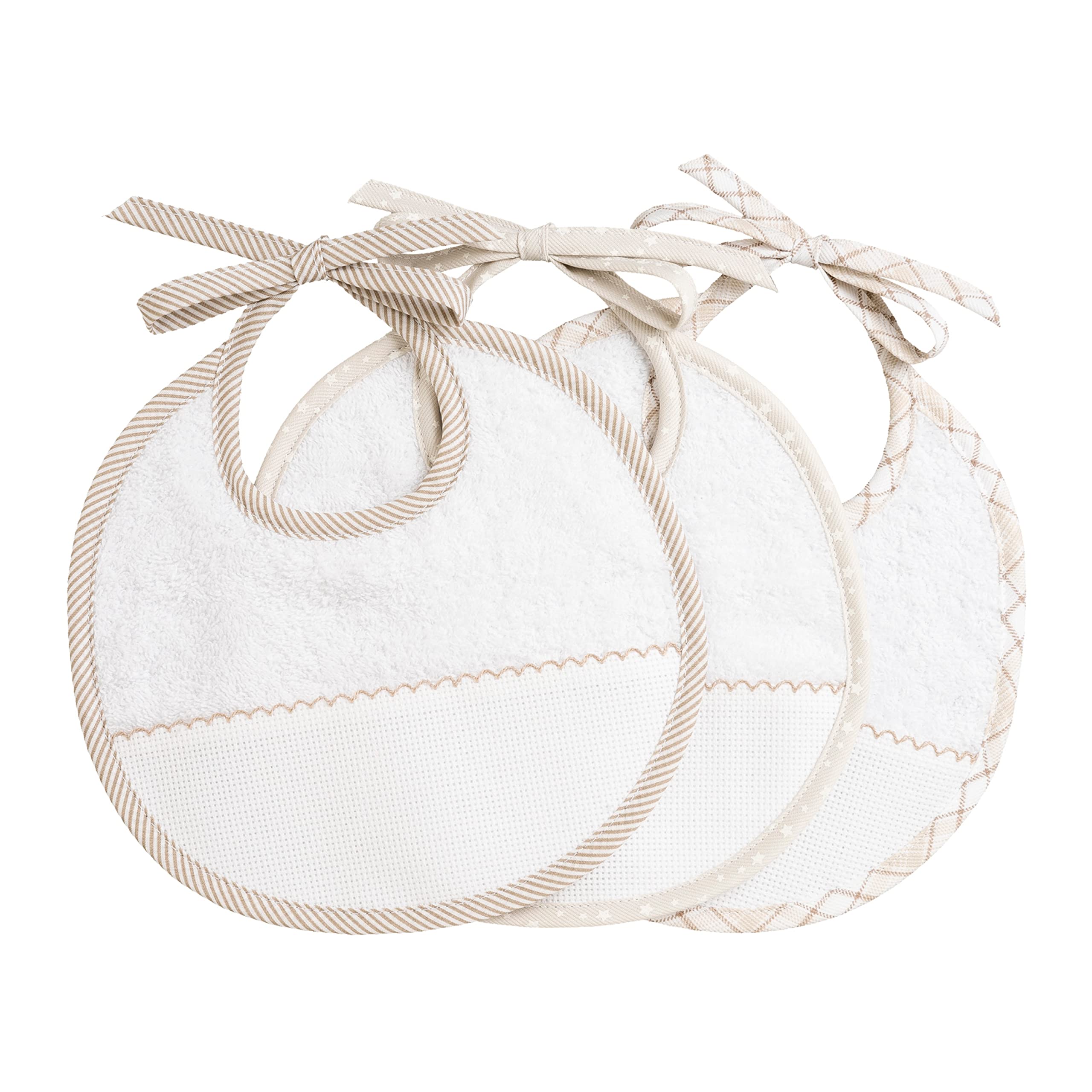 FILET - Set of 3 Newborn Baby Round Bibs in White Cotton Towelling with Aida Pocket to Embroider, Protects Baby Clothes Against Feeding and Salivation, 100% Made in Italy, White and Beige Colour