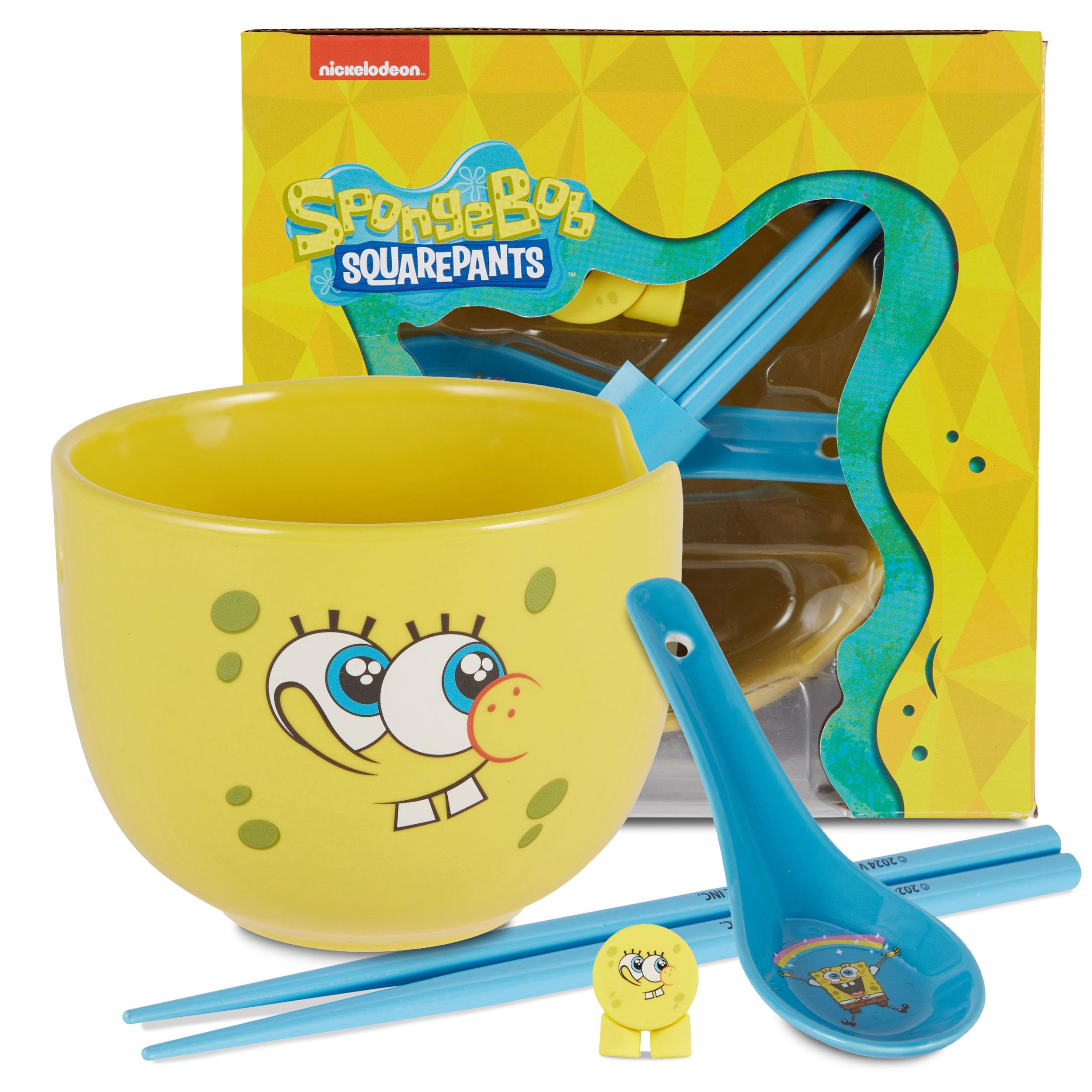 culture fly spongebob ramen bowl set with chopsticks and spoon - 20 oz ceramic instant noodle bowls with chopsticks, ramen noodle and rice bowl, anime holiday gifts for men