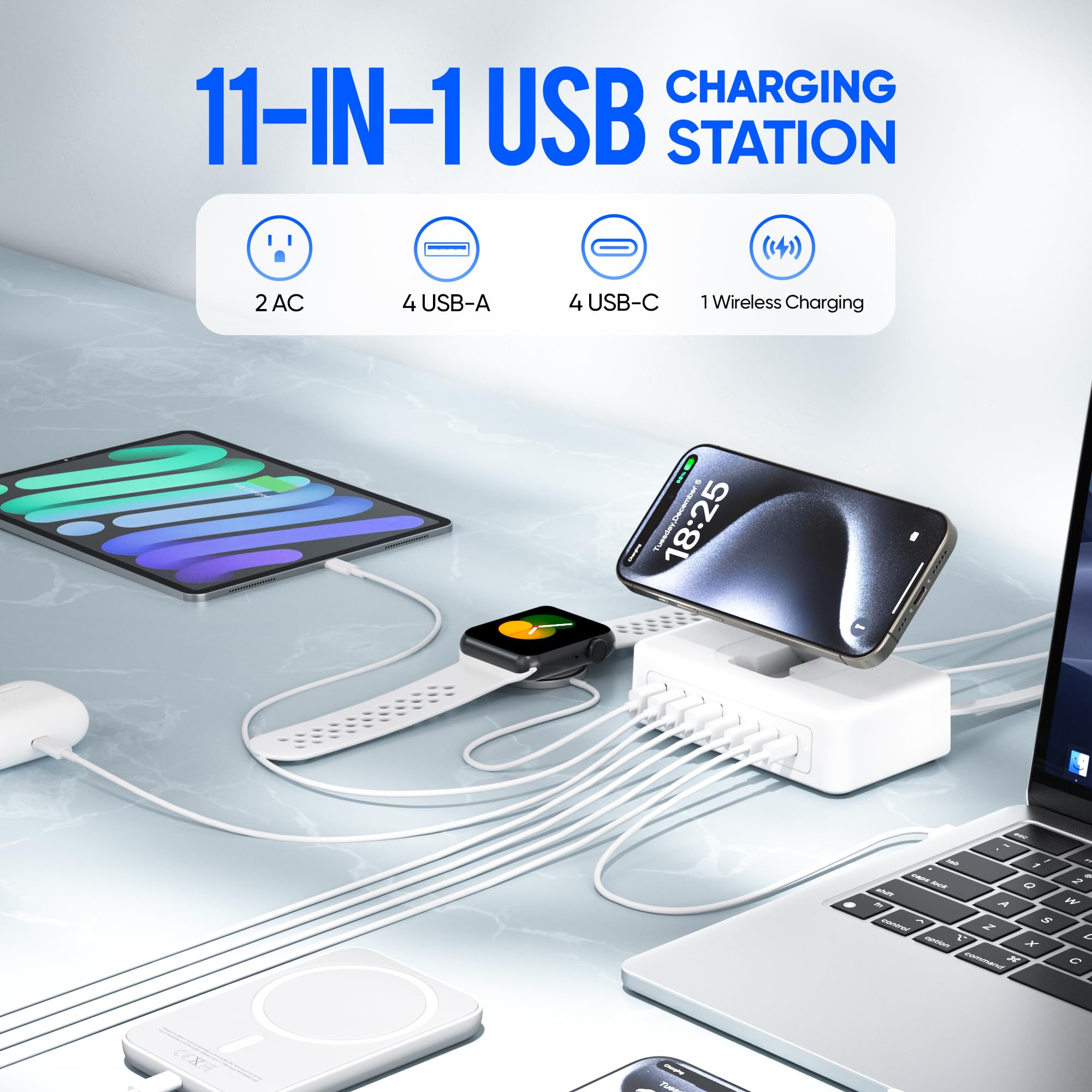 11 w 1 listwa zasilająca USB C, blok ładowarki USB C 160 W, 2 gniazda AC, 4USB-A, 4USB-C do MacBooka, iPhone'a 16/15/14, płaski kabel 1,5 m, ładowarka do komputera