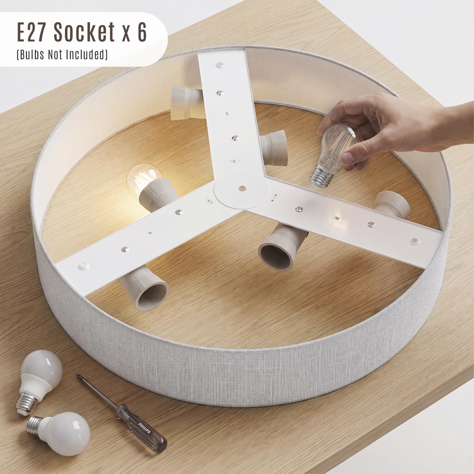 LQWELL Deckenlampe Stoff, Deckenleuchte Rund mit Leinen Lampenschirm, E27 Fassung x 6, max.40W, Ø60cm x H10cm, Grau, für Wohnzimmerlampe Schlafzimmerlampe Deckenbeleuchtung