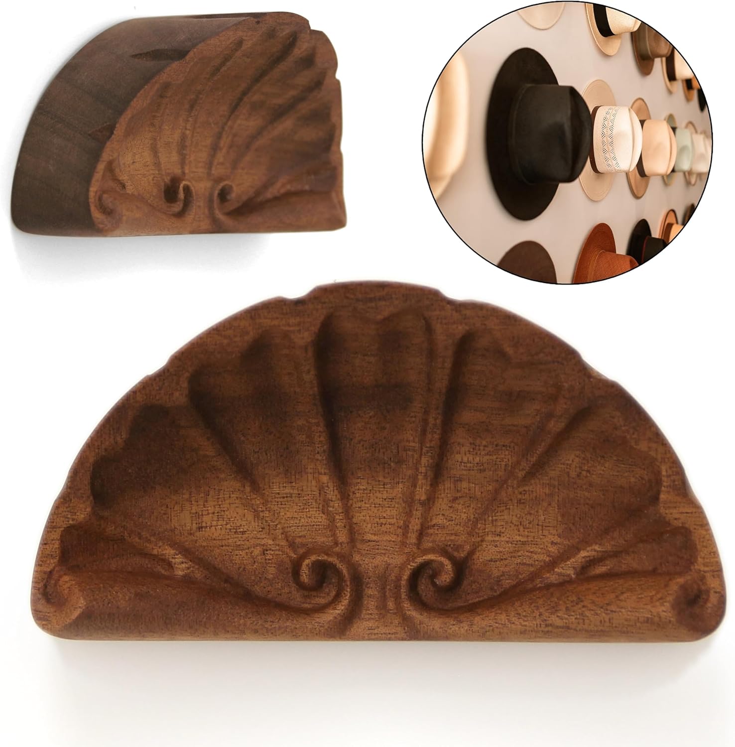 Hat Hooks for Baseball Caps, Retro Hat Holder Wooden for Wall Display, Hat Hanger Organizer for Cowboy Hat Beach Hats, Natural Curved Hat Rack for Wall Door Closet - 2 Pack