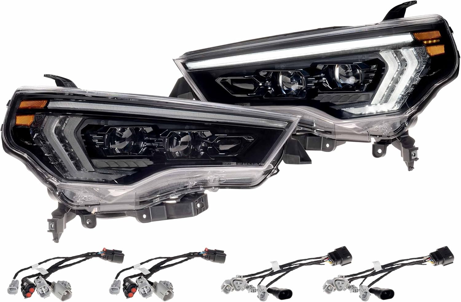 A pair of Morimoto XB Evo Hybrid LED Headlights shown with various wiring harnesses laid out below them.