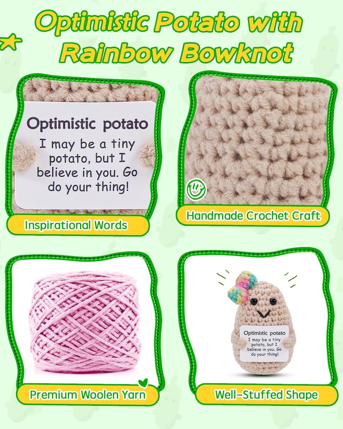 JELUTAR Mini Funny Optimistic Potato, 3 inch Knitted Doll with Card for Cheer Up Gifts and Party Decorations, Cute Optimistic Potato Crochet Doll for Birthday Gifts (Potato with Rainbow Bow)