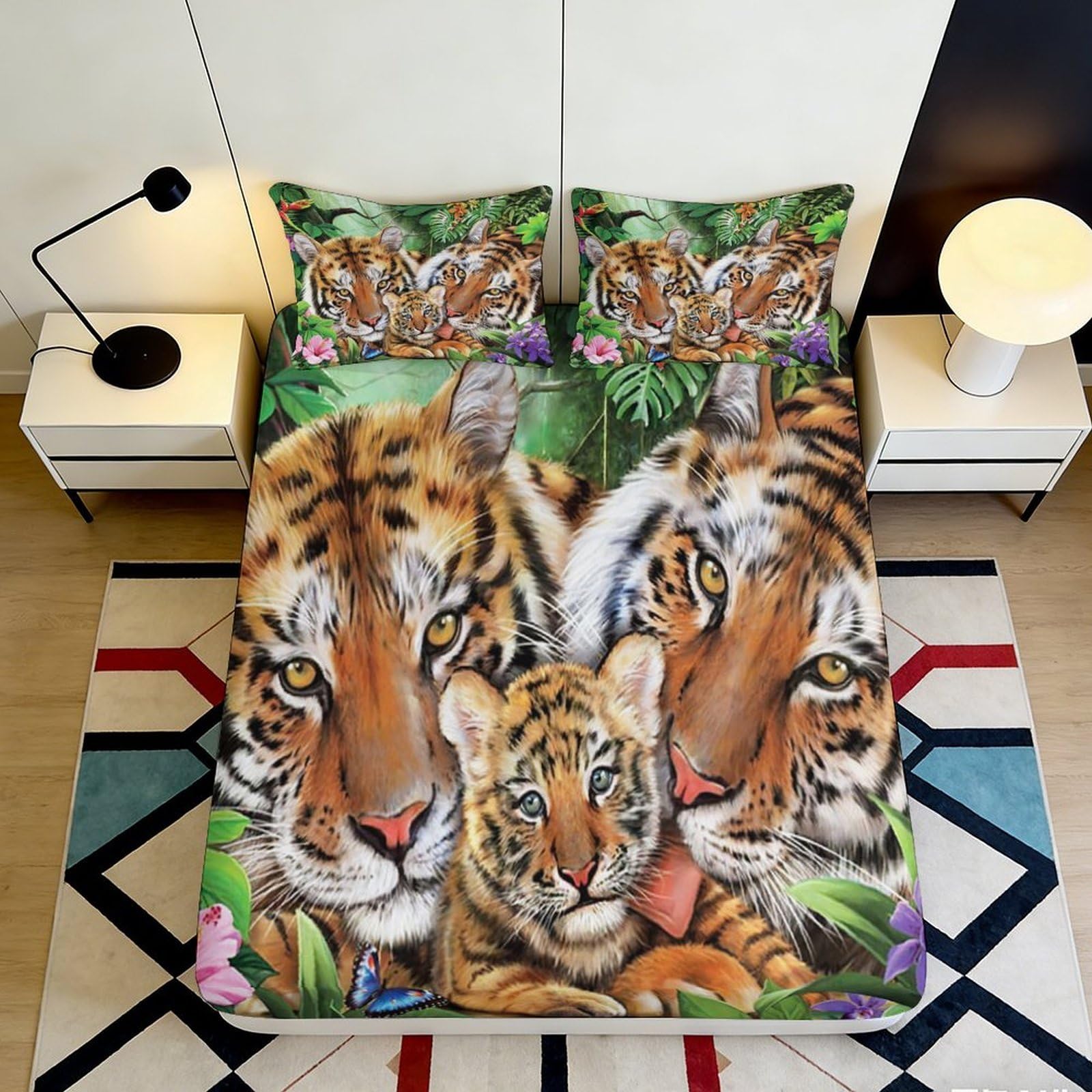 3D Printed Tiger Family Fitted Sheet Microfiber Soft Breathable Jungle Bed Sheet for Bedroom Dormitory Guest Room Mattress Protection Decor 120x200x25cm