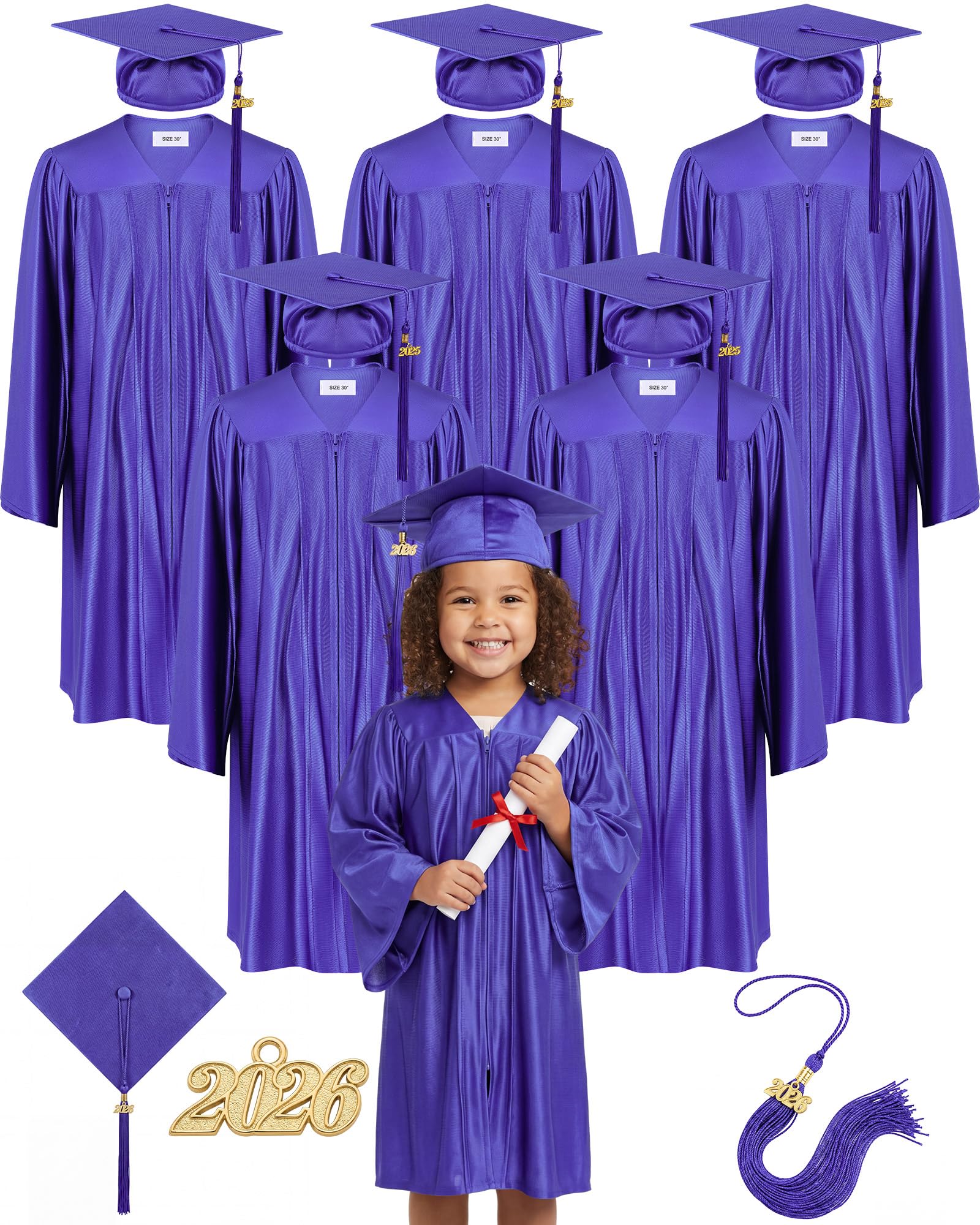 Photo 1 of Xuhal Graduation Cap and Gown Set for Kindergarten, 6 Pieces Purple Polyester Grad Tassels with 2024 Charms, DIY Graduation Caps, Ideal for Preschool and Kindergarten Graduation Ceremonies, Small
