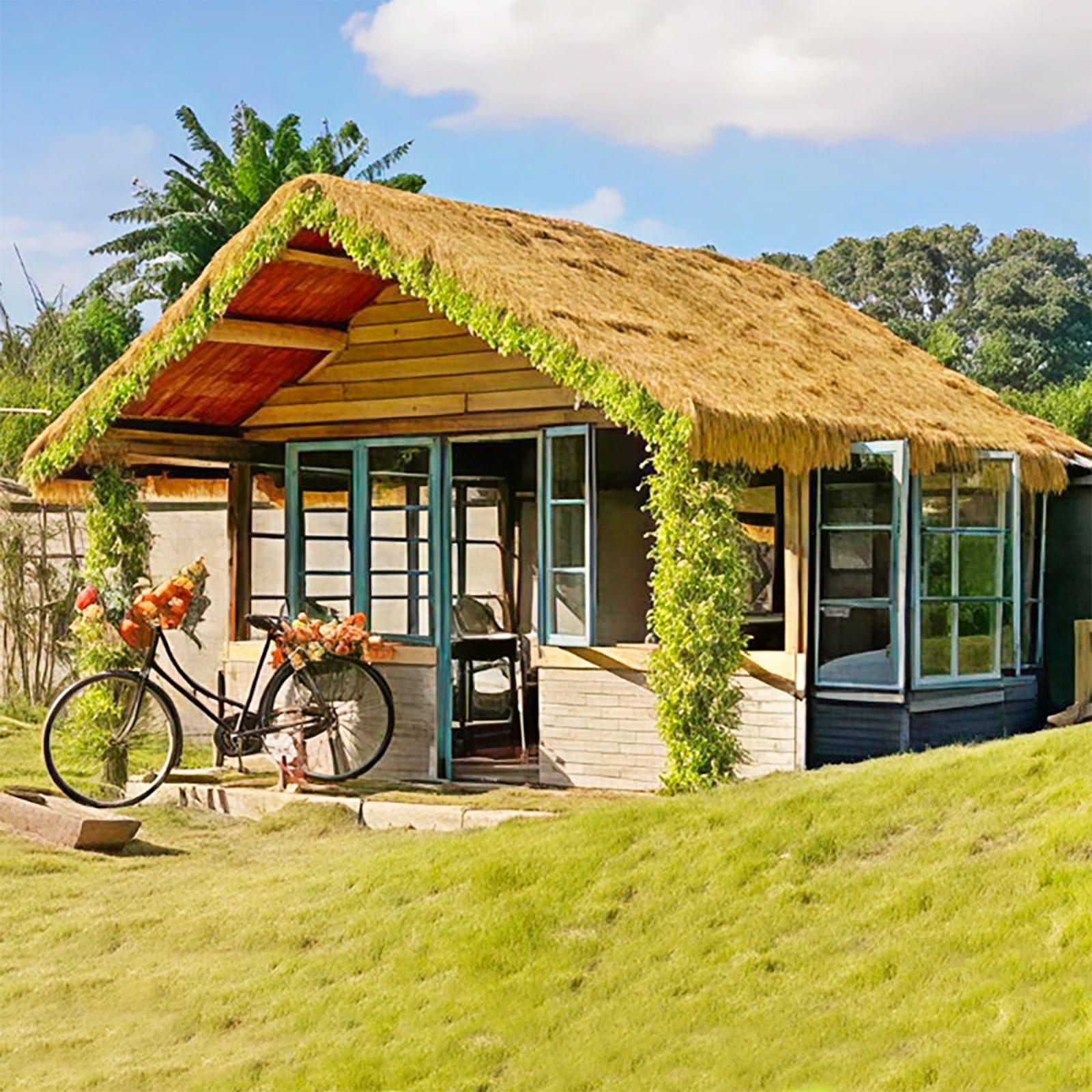 Ognioodporna syntetyczna rolka dachowa z strzechą – 0,5 x 6 m Tiki Bar i dekoracja patio meksykański wygląd słomy idealna na plażę i imprezę hawajską materiał strzechy na zewnątrz