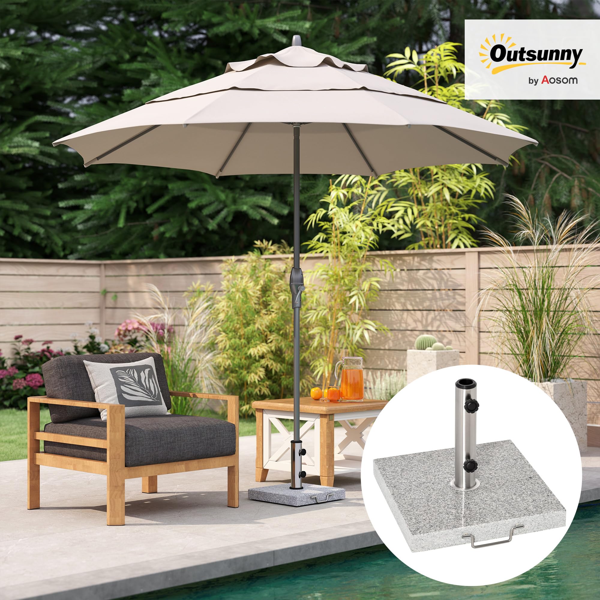 Outsunny Pied de Parasol Carré 25 kg Granit Tube Inox 40x40x36 cm Gris | Support Parasol, Ø 35/38/48 mm, Terrasse Piscine Patio Jardin