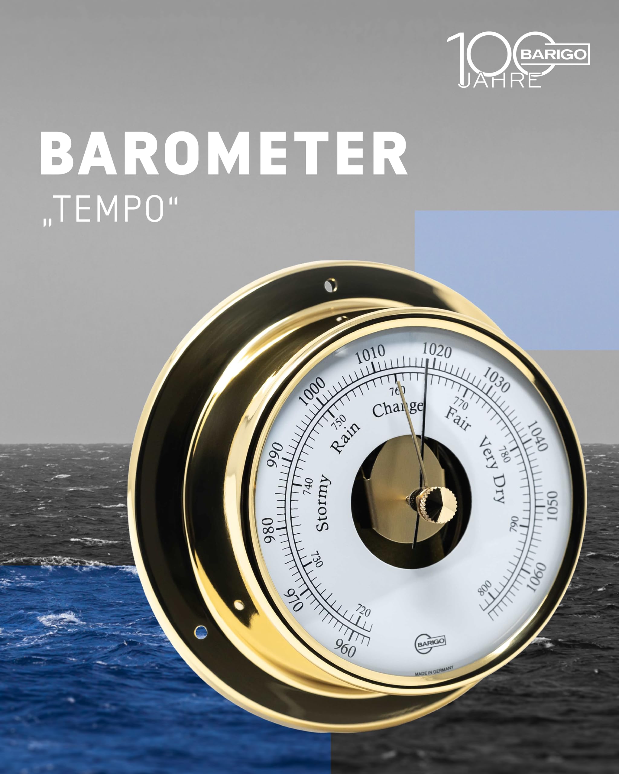 BARIGO 183MS TEMPO barometr wewnętrzny – 110 x 35 mm – ciśnieniomierz z obudową z mosiądzu polerowanego – Made in Germany