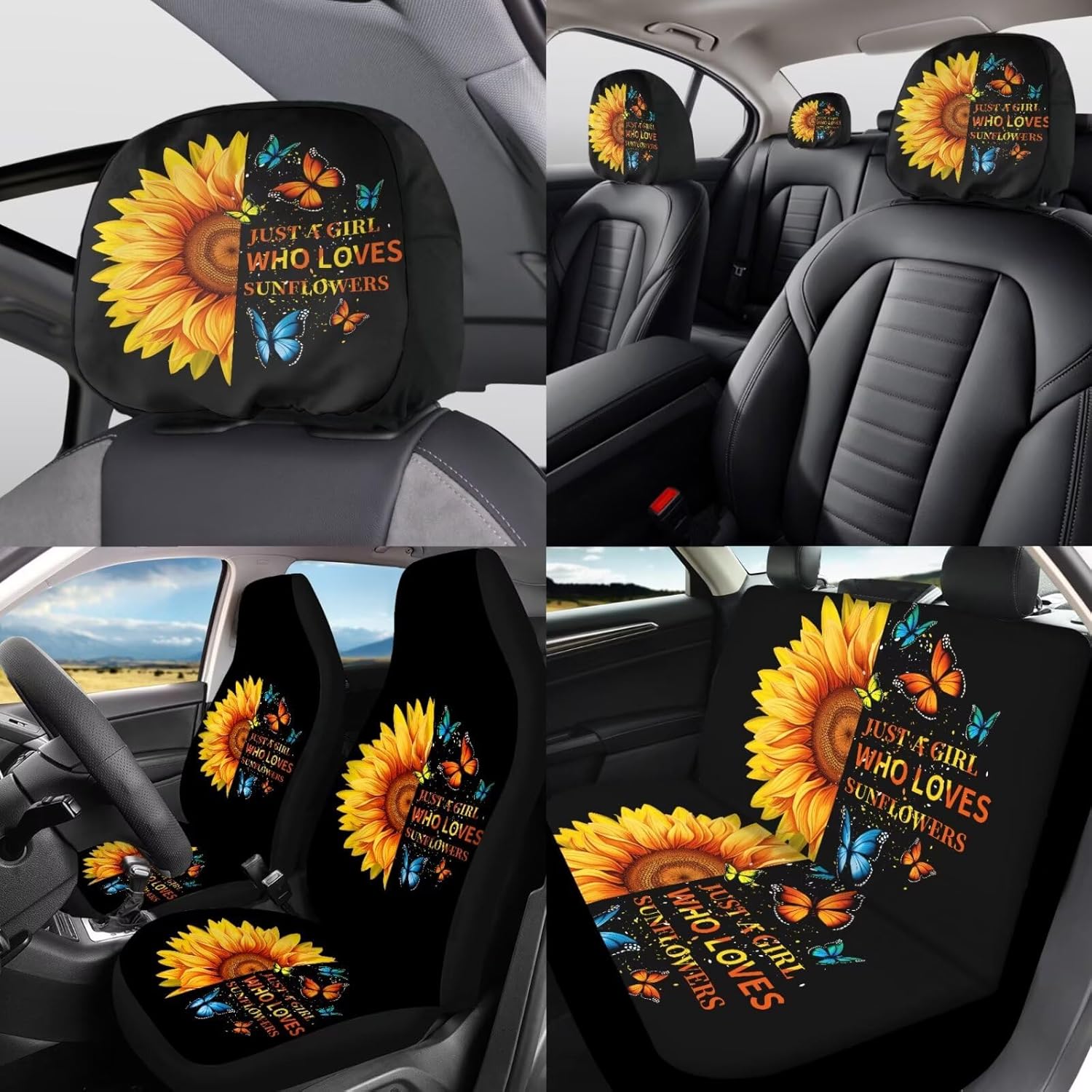 Sunflower Print Car Seat Cover Full Set for Men Women Auto Accessories Full Set 12 Pcs Steering Wheel Cover Headrest Covers Cup Coasters Universal Fits for Cars SUV Truck