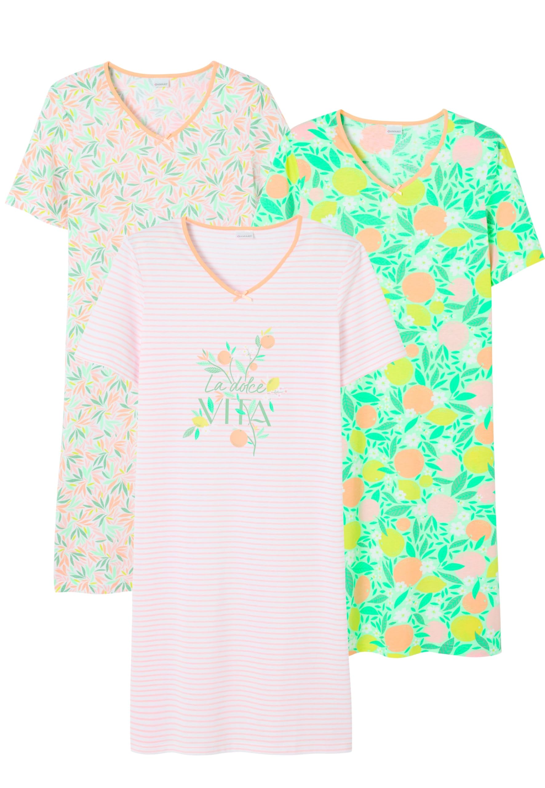 Damart - Pack of 3 Cotton Jersey Nightdresses, Green Pack X3, 22/24