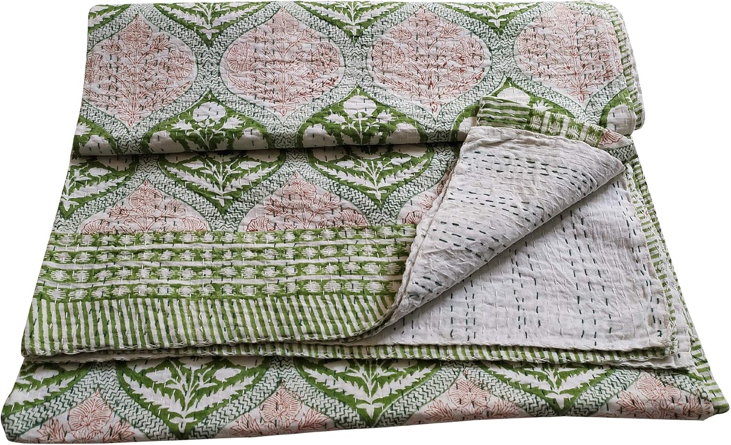 Cotton Kantha Quilt Blanket, Green Floral Print, 90x108 Inch