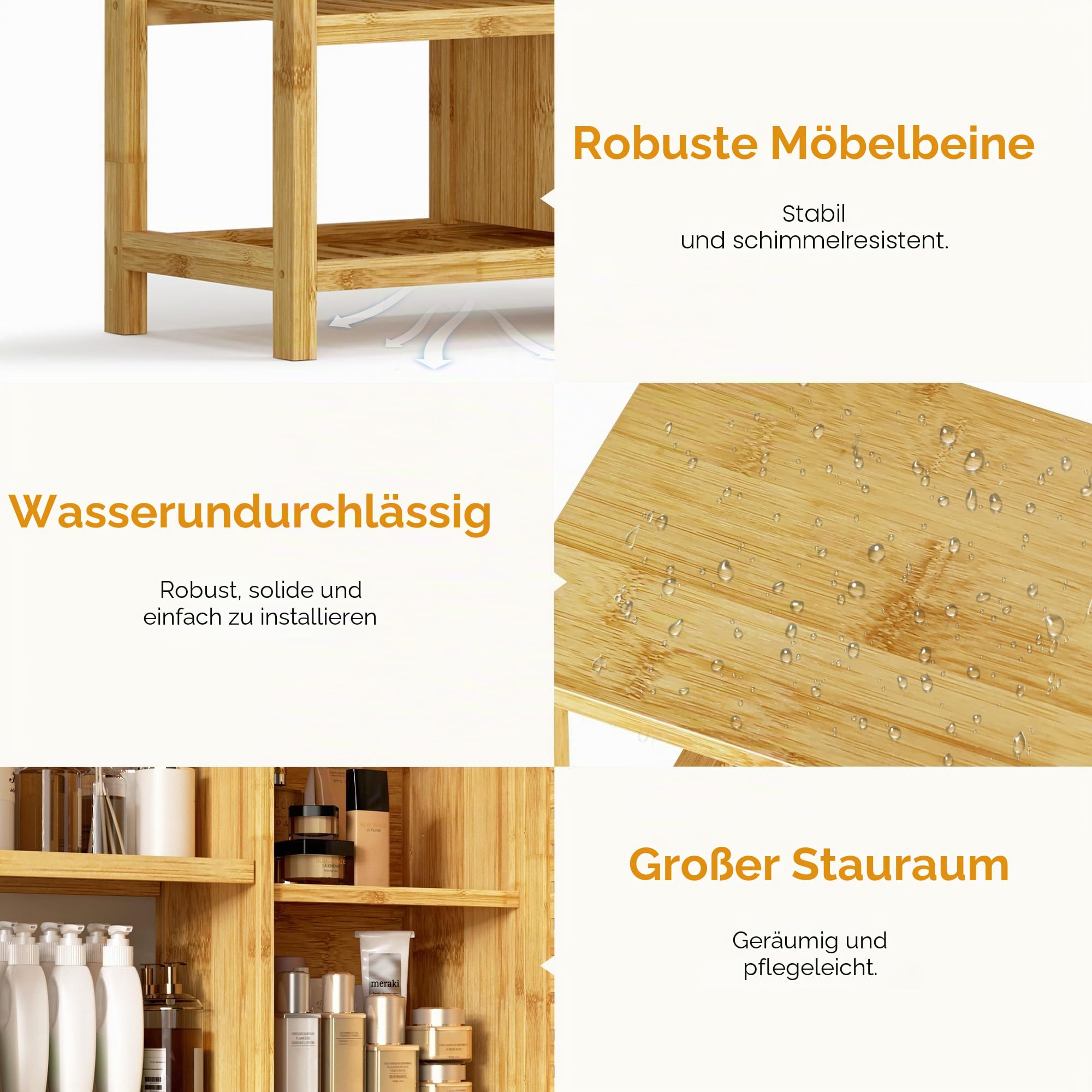 SogesPower Beistellschrank Badezimmerschrank mit Tür und Regalen, Freistehender Bambusschrank mit Lamellentür, 3-stufiger Aufbewahrungsschrank für Küche, Wohnzimmer und Badezimmer