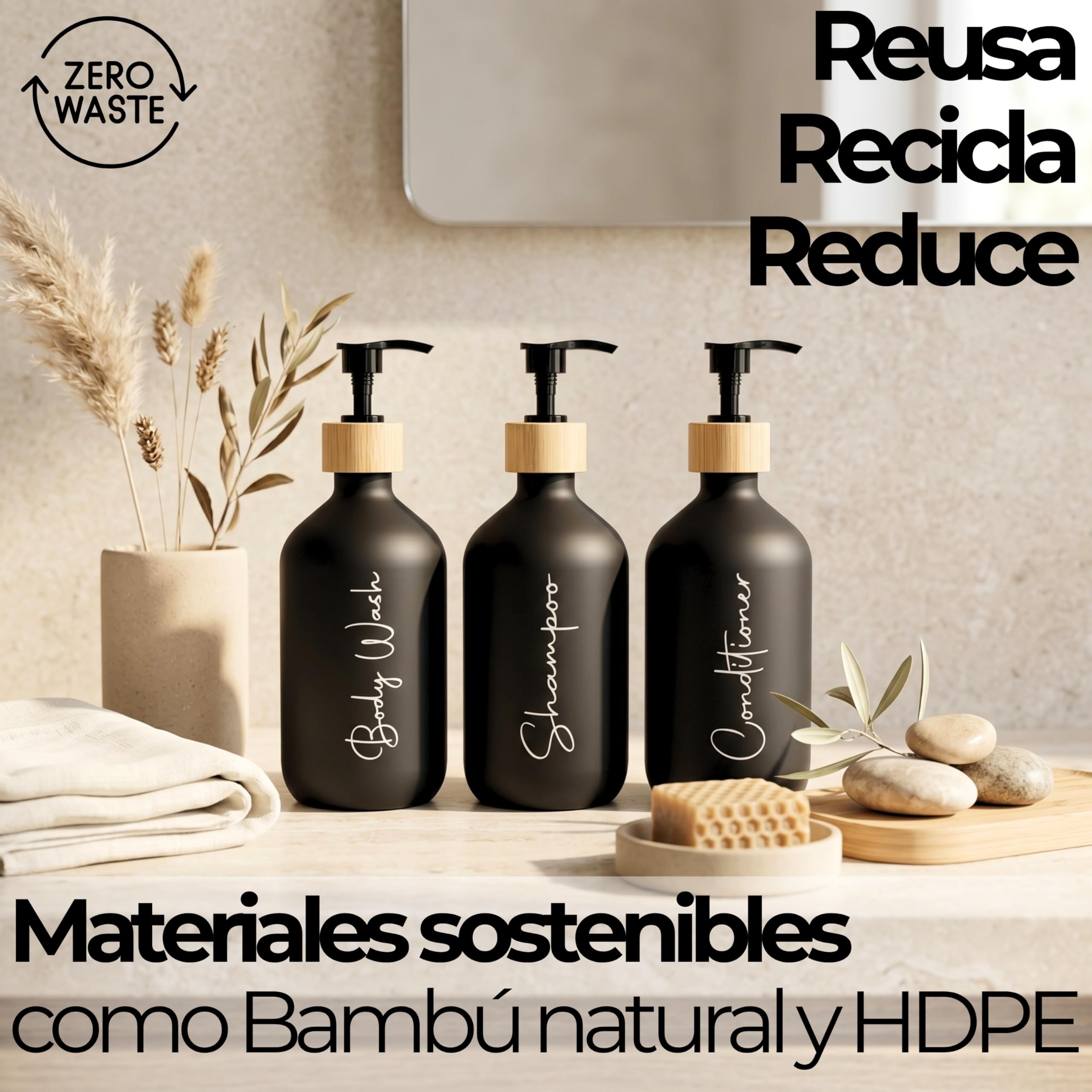 Dispensador Jabon Baño Negro Mate 500ml Set de 3 Botes para Gel y Champu Acondicionador Embudo para Rellenado Este Dosificador Jabon Baño es Elegante practico y mantendra su Ducha ordenada