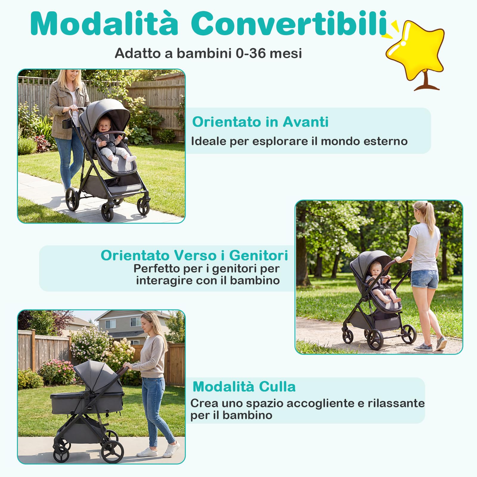 COSTWAY 2 in 1 Passeggino Leggero Pieghevole per Bambini, con Schienale Regolabile, Sedile Reversibile, Tettuccio, Cestello Portaoeggetti, per Neonati per 0-36 Mesi (Grigio)