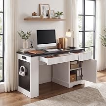 55" Modern Fluted Office Desk with Storage Cabinet & Drawers, Computer Writing Desk with Power Outlet, Pegboard, Built-in Shelves & Keyboard Tray for Study, Home Office, White