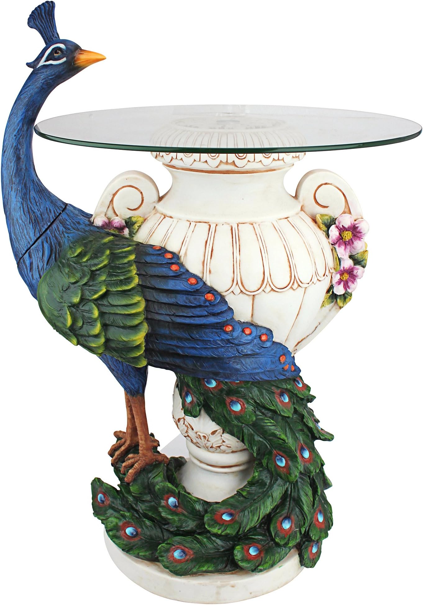 Design Toscano Staverden Castle Peacock Glass Topped Side Table, 17 Inch Wide, 25 Inch Tall, Cast Stone Resin, Blue Green Finish