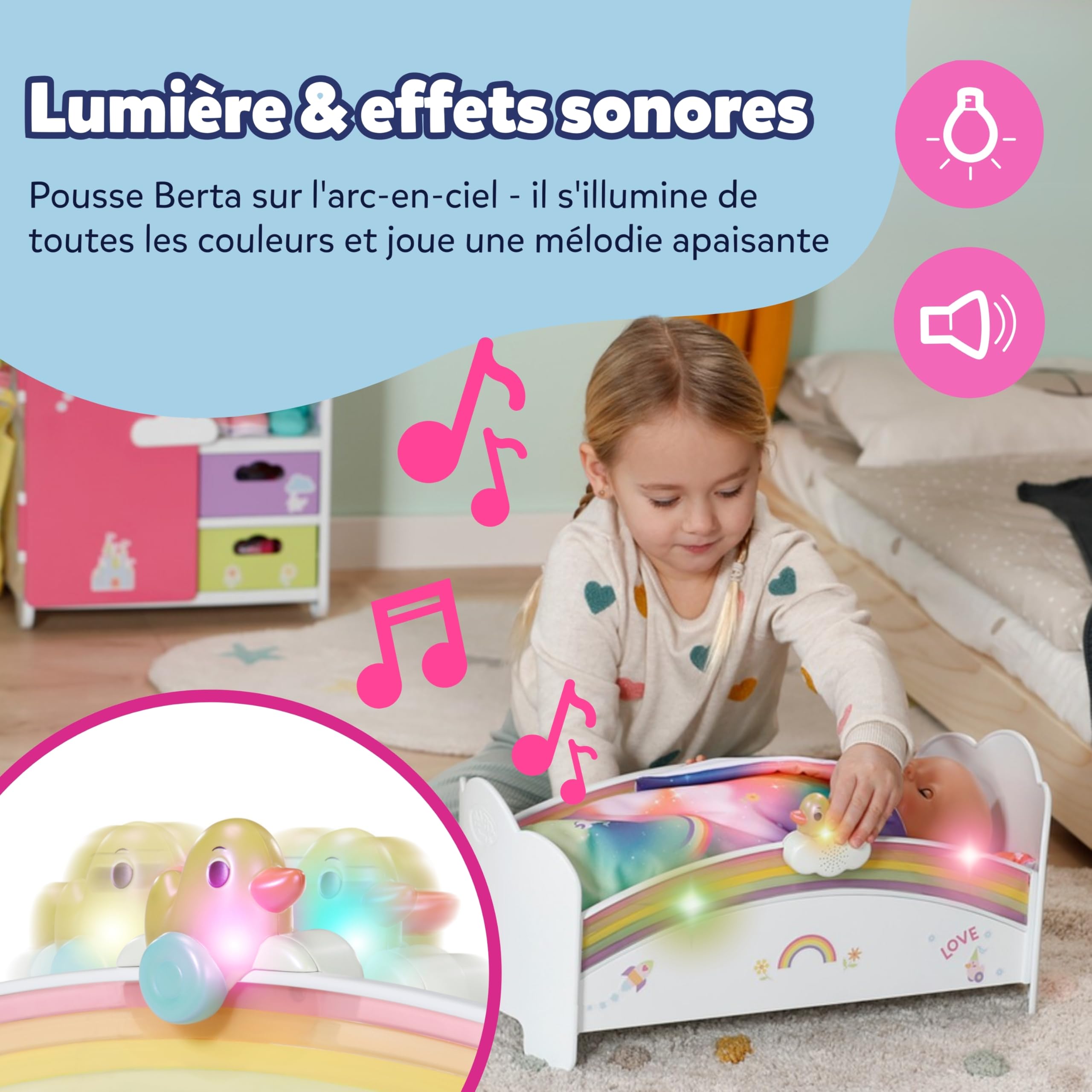 BABY born Lit Arc-en-Ciel - Lit de poupée avec lumière Arc-en-Ciel & mélodie pour s'endormir - Accessoires pour poupées avec literie réversible & Autocollants - pour Enfants à partir de 3 Ans