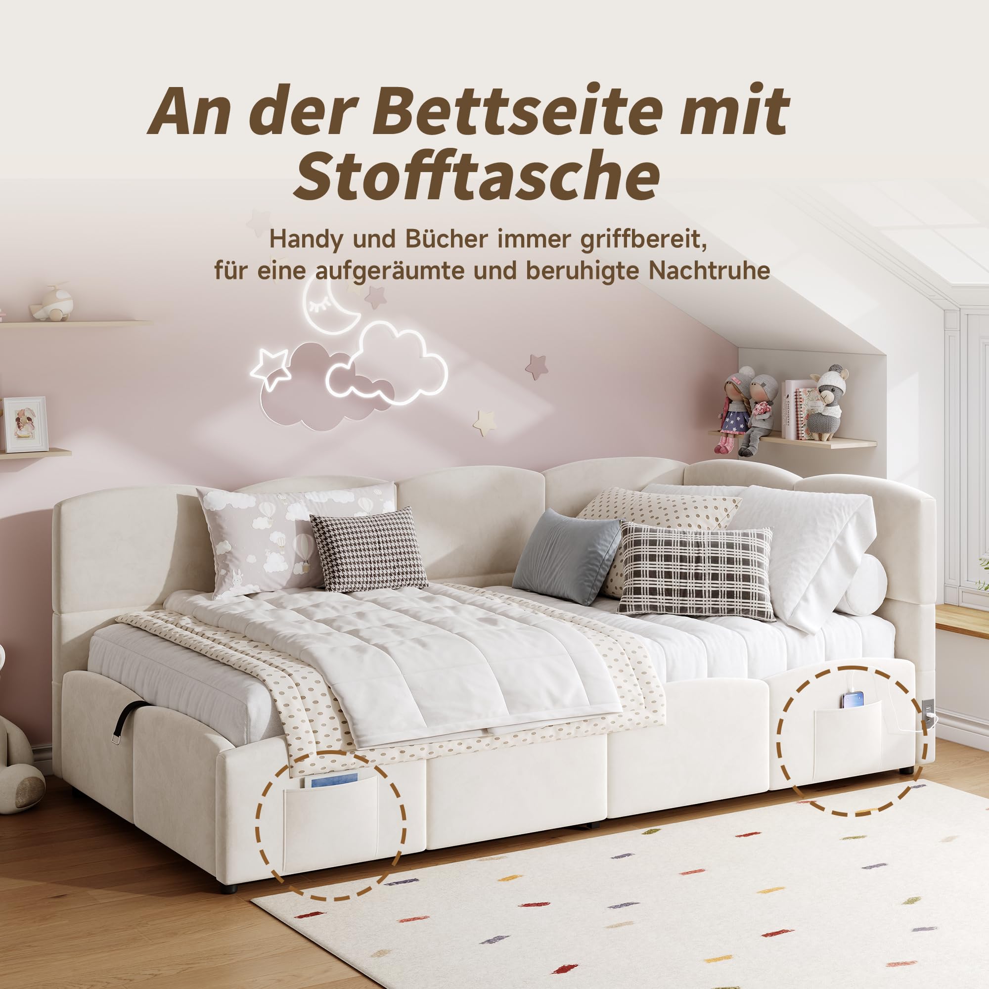 Merax Canapé-lit, rembourré, lit Simple, 90 x 200 cm, avec Espace de Rangement, Chargeur USB, Poche de Rangement et tête de lit, lit d'adolescent et Adulte, en Velours, Beige (sans Matelas)