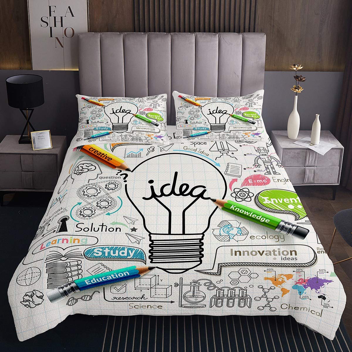 Homewish Science Bedding Set School Theme Bedspread Brainstorming Good Ideas Coverlet Set For Kids Boys Girls Study Innovation Education Knowledge Bed Cover Child Dorm Decor 3Pcs Double Size