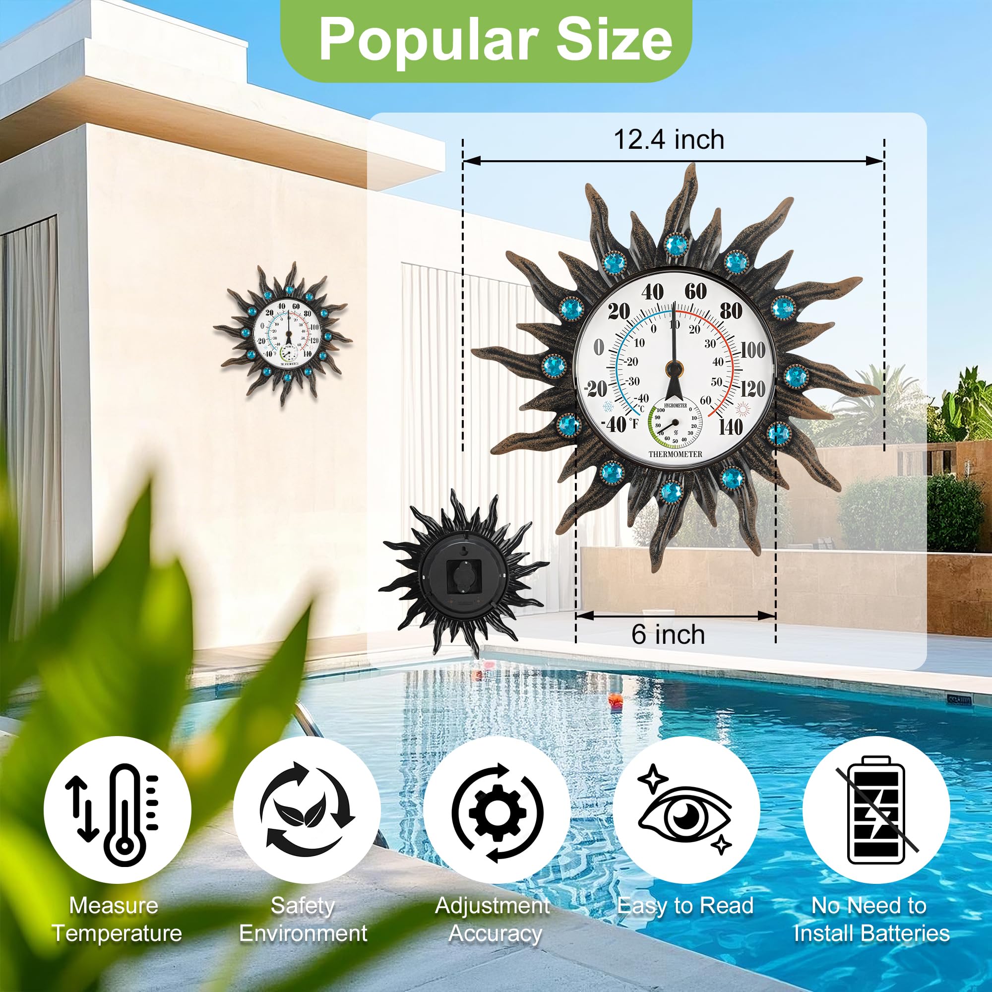 Termómetro higrómetro para interiores y exteriores, impermeable de 13 pulgadas, gran pared solar, termómetros decorativos para patio, jardín, invernadero, fácil de leer, no requiere pilas
