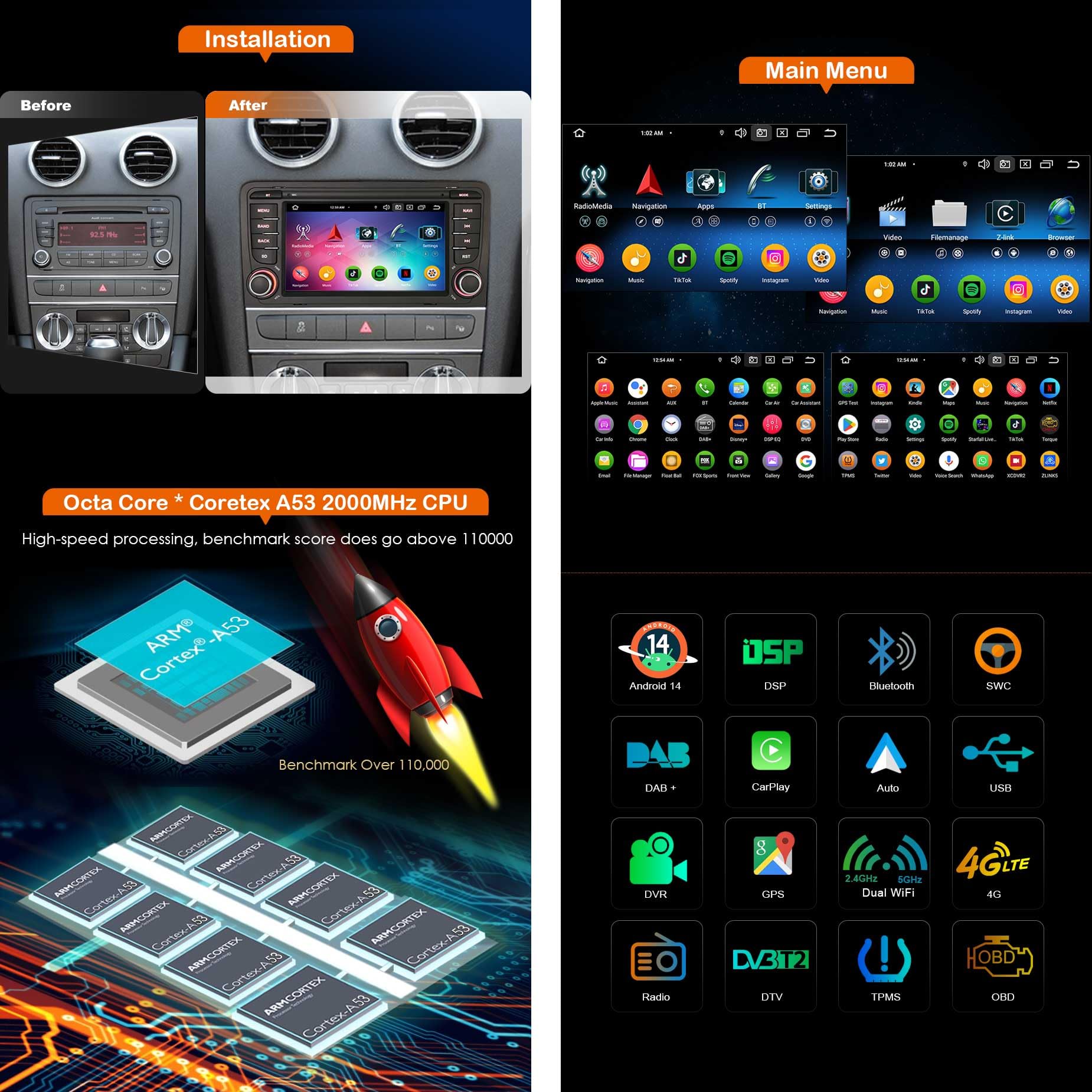 Erisin 7 Pollici 8-Core 4GB+64GB Autoradio 2 Din Android 14 GPS Navigatore per AUDI A3 S3 RS3 RNSE-PU Supporto Bluetooth 5.0 CarPlay Android Auto WiFi 4G DSP DAB+ USB FM Radio RDS OBD2 Canbus TPMS