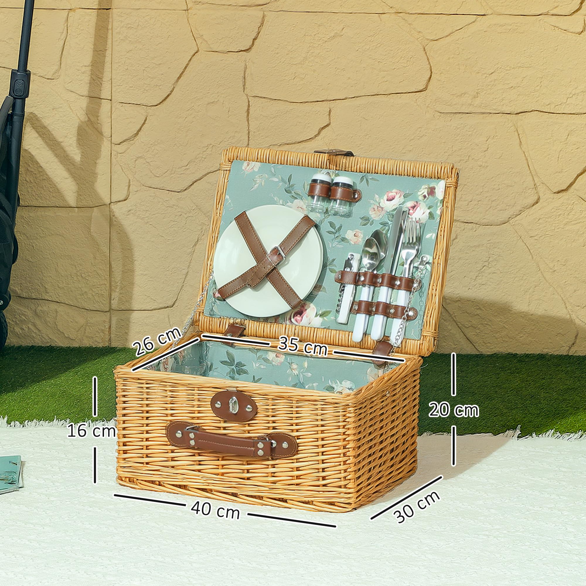 Outsunny Cestino da Picnic in Vimini per 2 Persone, Cesto Picnic con Manico, Piatti, Calici, Cavatappi, Tovaglioli e Posate, 40x30x20 cm, Marrone Chiaro