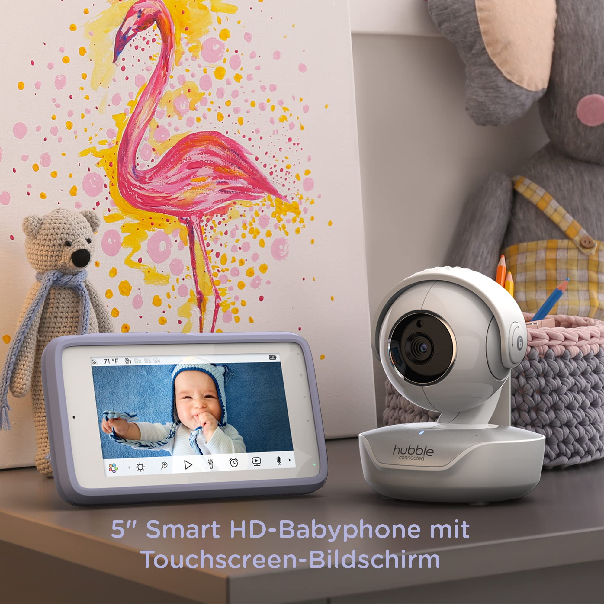 Hubble Connected Nursery Pal Premium Vigilabebes con Camara, Pantalla táctil de 5 pulgadas, modo de privacidad, visión nocturna, sensor de temperatura ambiente y aplicación para teléfono inteligente