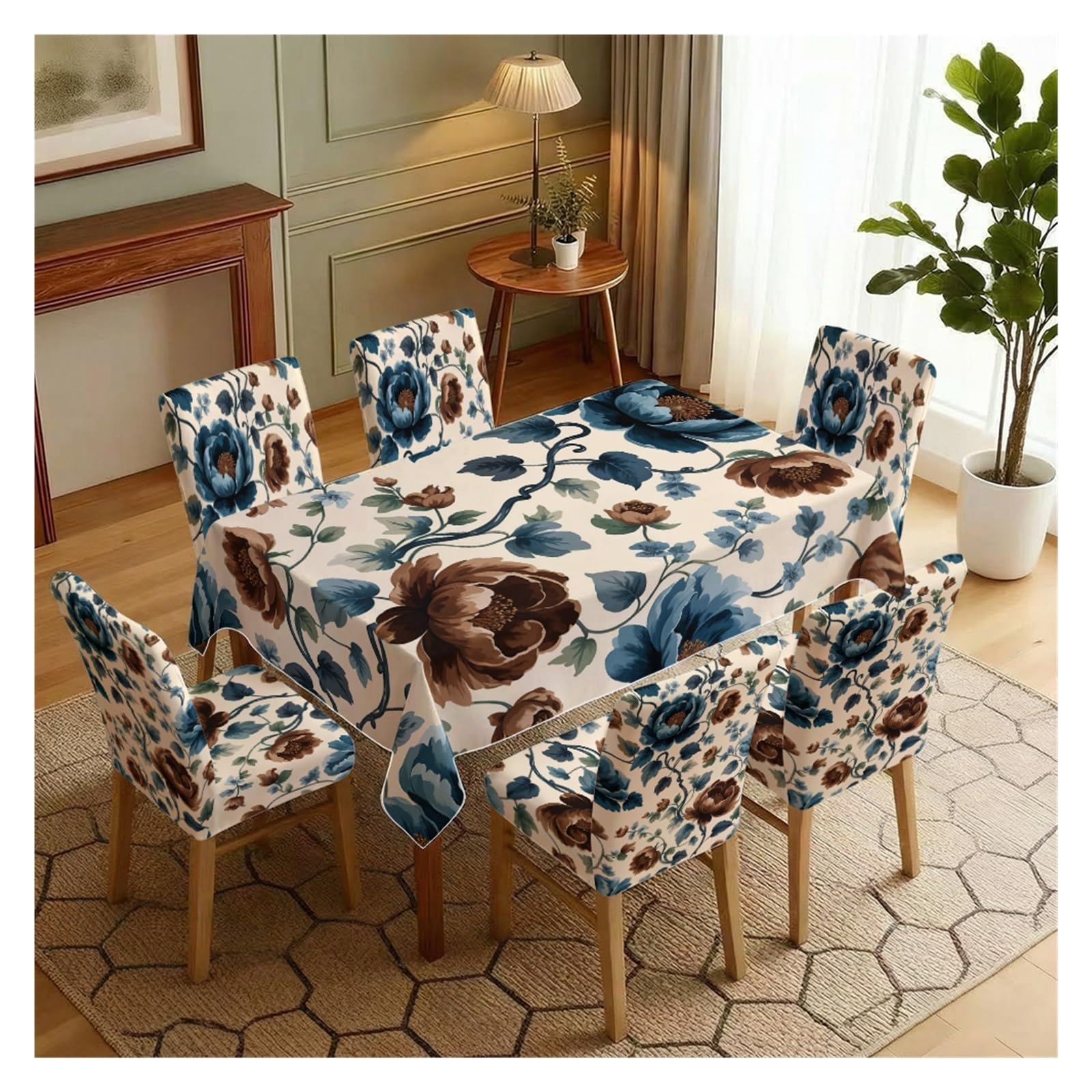 KXUAUV Blue And Brown Peony Floral Tablecloth And Stretch Chair Covers Set For Farmhouse Dining Room Decor 5/7 Pieces Party Decor(7pcs Set: Tablecloth+Chair Covers)