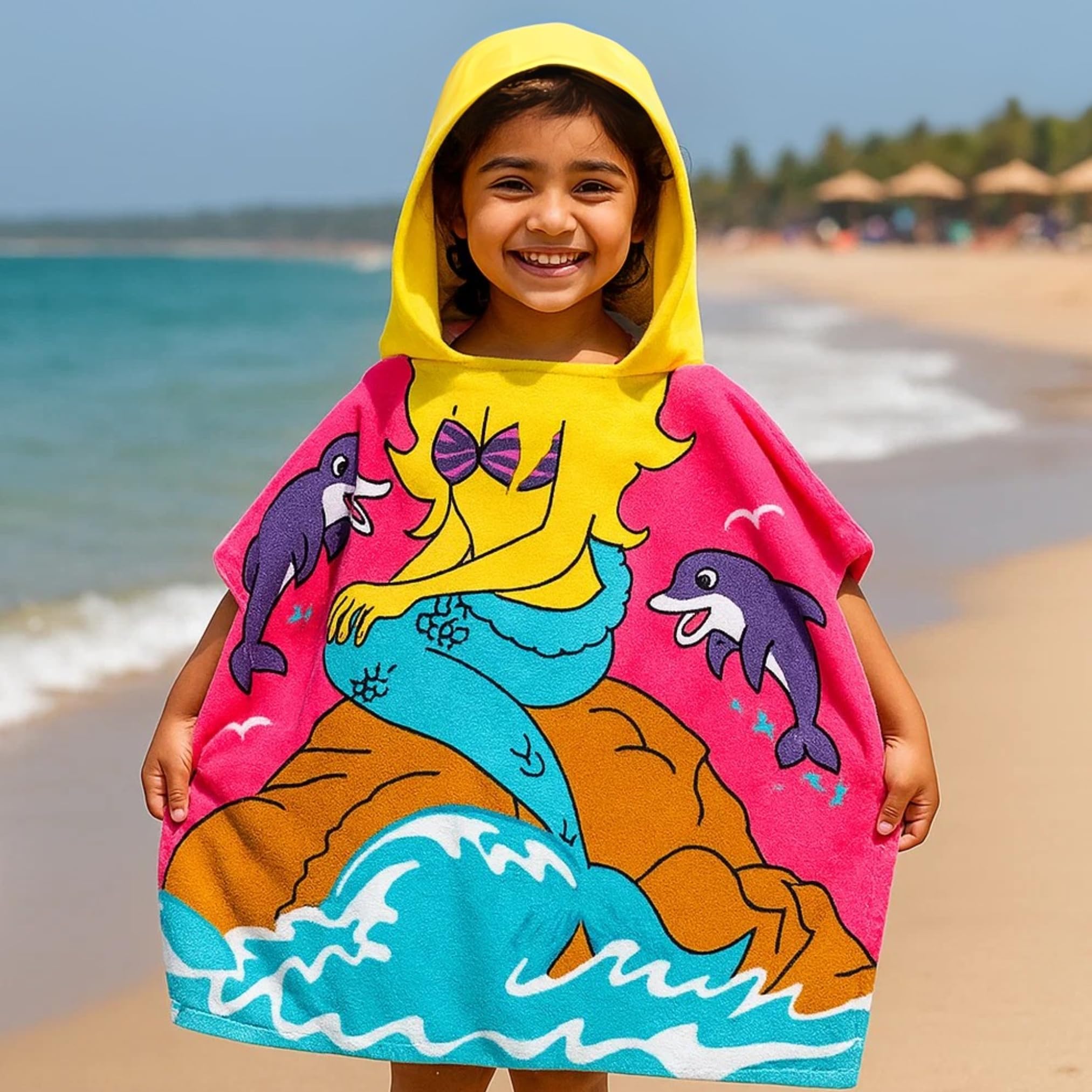 Famyo Poncho Towel for Kids | Hooded Micro-Fiber Bath Towels | 60 x 60cm Toddler Pool Towel for Boys & Girls, 1-7 Years (Pink Mermaid)