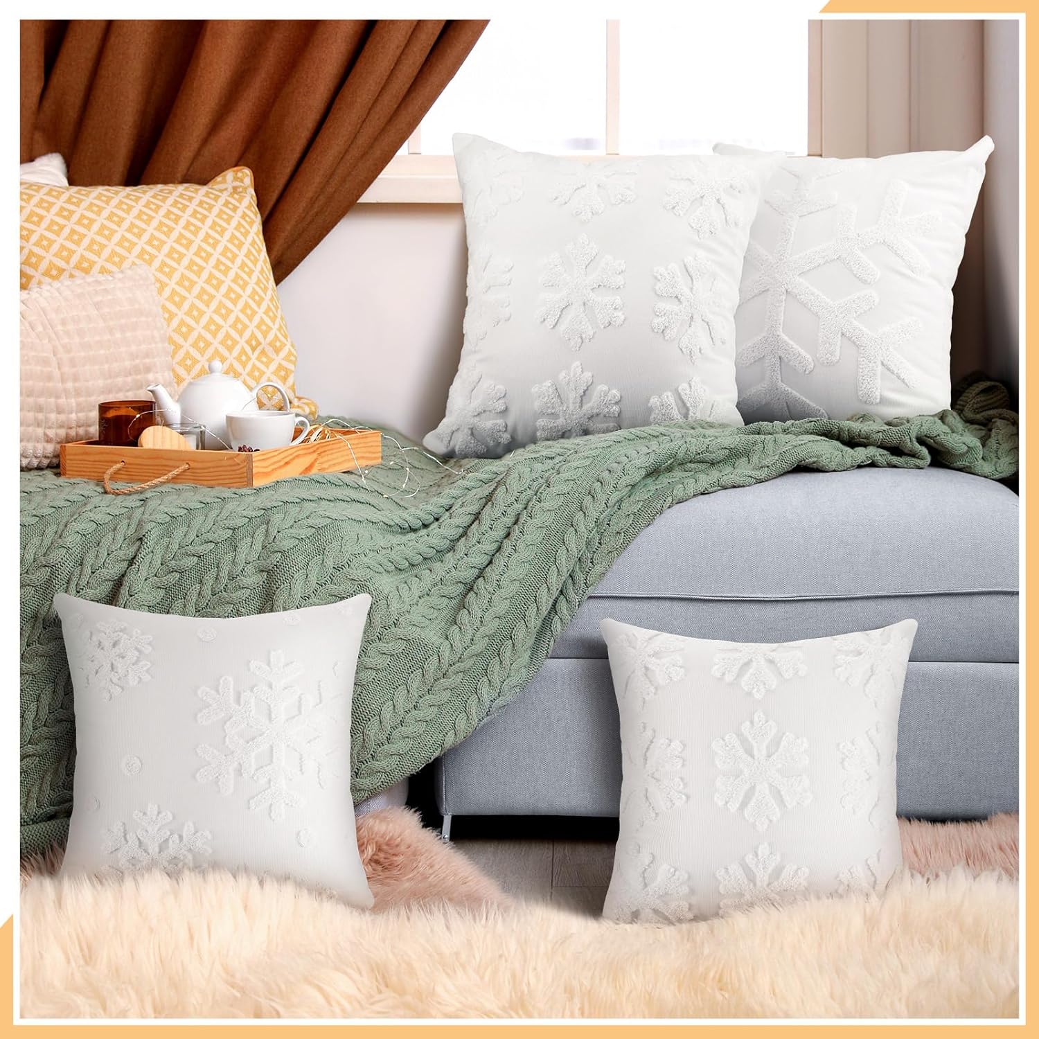 HunnmingRe 4pcs Winter Throw Pillow Covers Set 18x18 Inch White Crochet Snowflake Winter Pillowcase Boho Embroidered Cushion Covers for Chirstmas Farmhouse Couch Sofa Room Decor(Snowflakes)