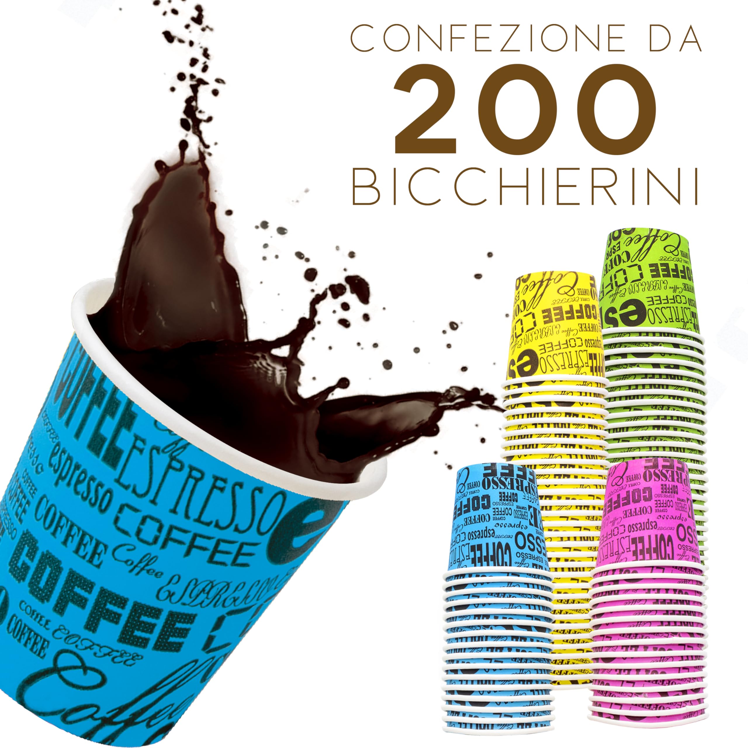200 Bicchierini Da Caff&egrave; Monouso In Cartone 75ml - 5 Colorati, Riciclabili, Per Bar, Ufficio O Casa