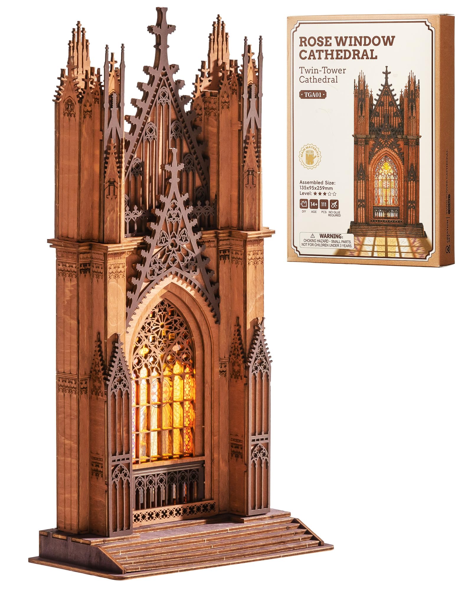 Rolife 3D Wooden Puzzle - Gothic Twin-Tower Cathedral Architecture Model with LED Lights, DIY Craft Building Kit for Adults, Unique Home Decor & Birthday for Hobbyists - 2