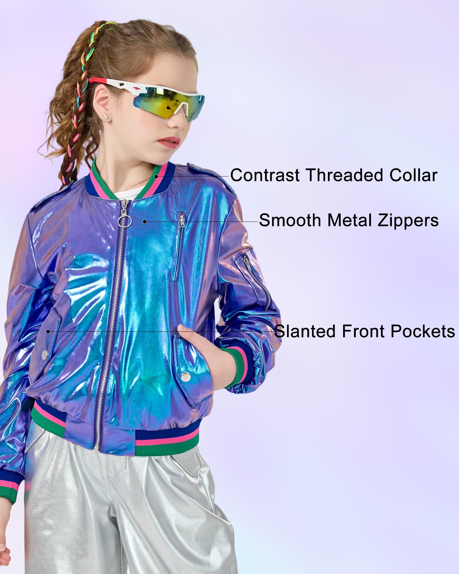 LOLANTA Chaqueta Bomber Metálica Brillante para Niña, Cazadora Ligera de Primavera y Otoño con Cremallera y Bolsillos, Estilo Corto, Cortaviento e Impermeable, 4-12 Años