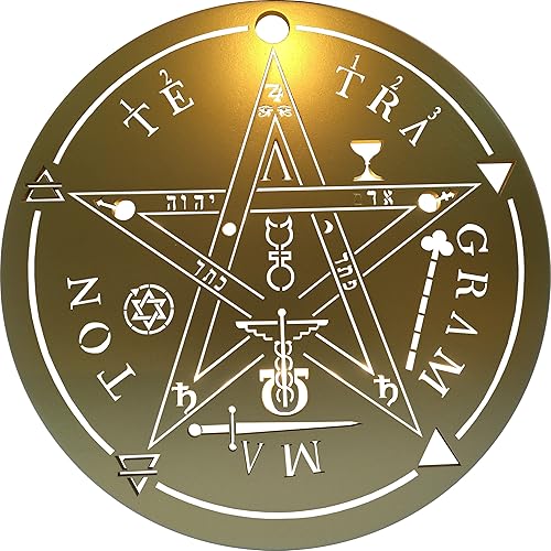 Handcrafted 12inch Wooden Pentagram with Large Tetragrammaton and Elemental Symbols - Empowering Star with Hand-Painted and Gilded Names of God and