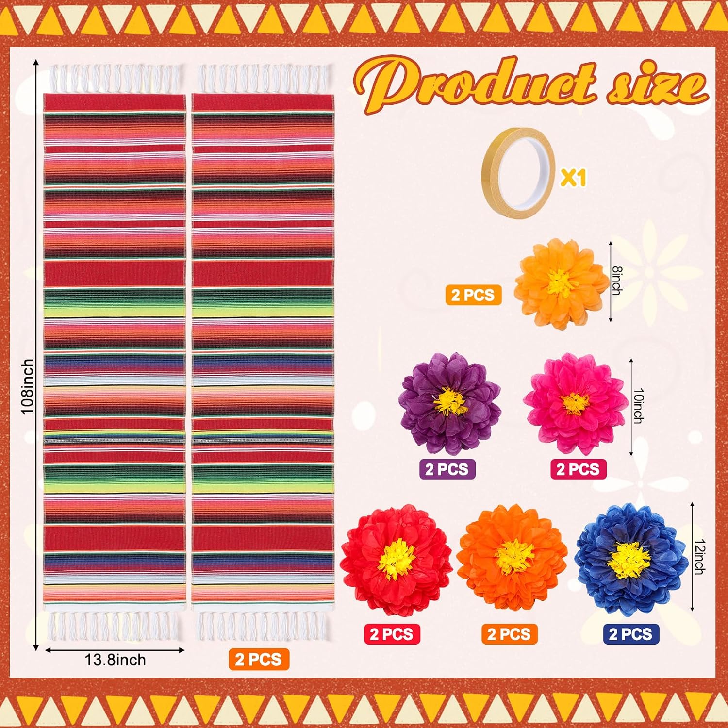 14 Pcs Mexican Themed Party Decoration Mexican Fiesta Backdrop Decoration Mexicana para Fiesta Decor Rainbow Table Runner Paper Flower for Cinco De Mayo Wedding Decor(Classic Red) image 3