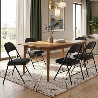 6 Pack Folding Chairs, Fabric Dining Chair Set with Padded Cushion and Back, Indoor Outdoor Seat for Home Office, Parties, Events, Wedding, Extra Guest Seating, Obsidian Black