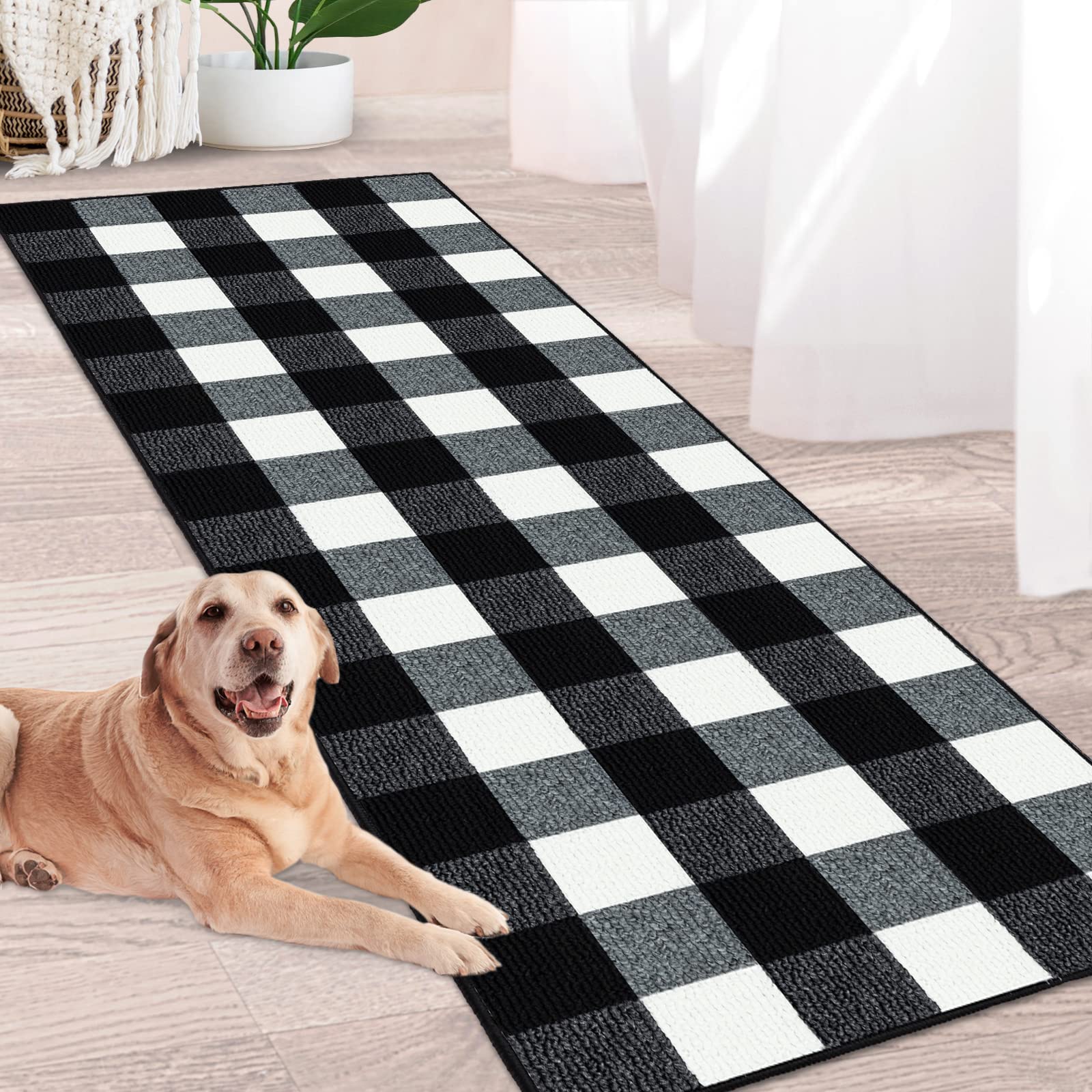 FONEYI Buffalo Plaid Check Rug Runner, Runner Rugs 2'x6' Non-Slip Rubber Backing, Machine Washable Black and White Rug, Indoor Outdoor Checkered Mats for Hallway/Kitchen/Laundry Room/Doorway/Bedroom